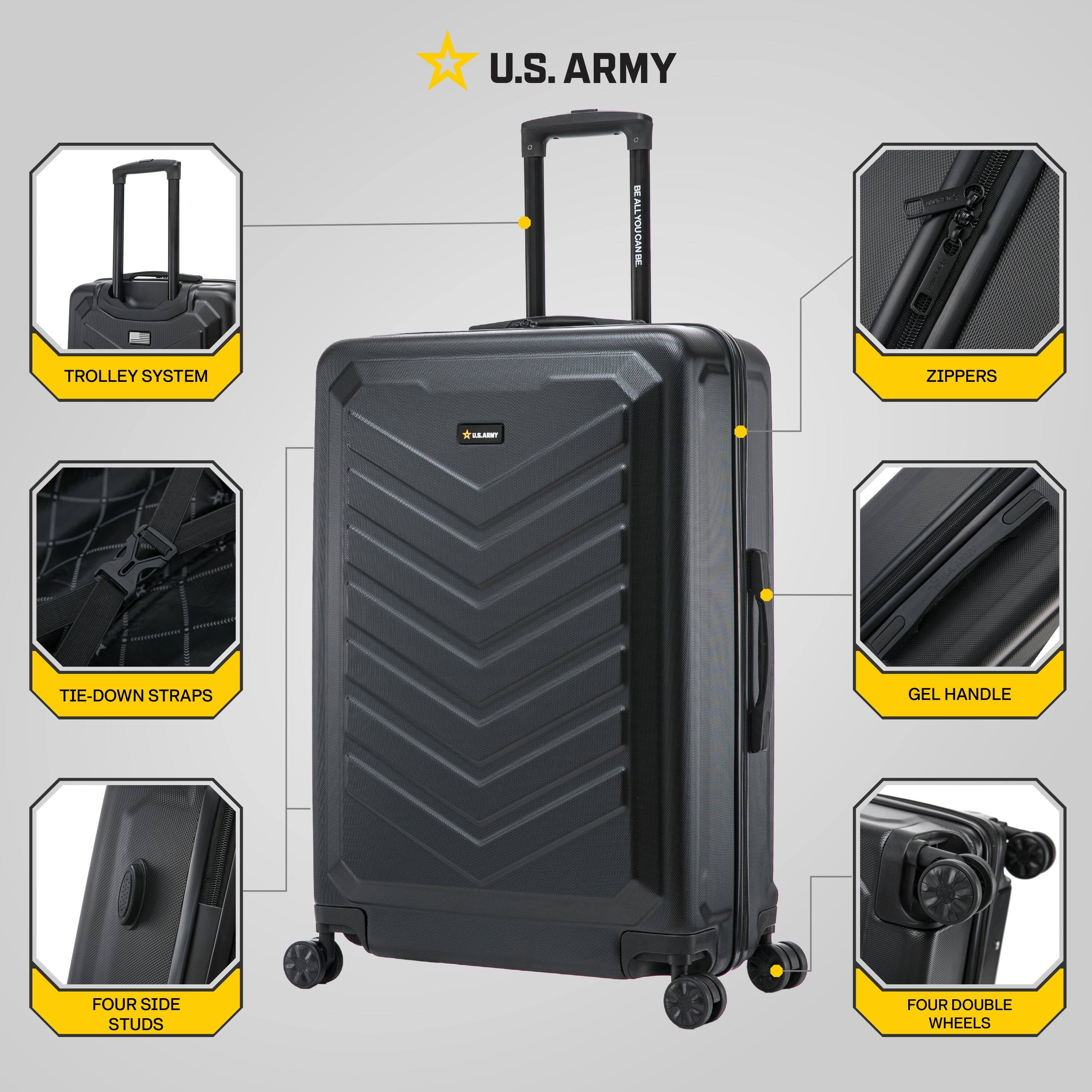 U.S. ARMY

- TROLLEY SYSTEM
- ZIPPER
- TIE-DOWN STRAPS
- GEL HANDLE
- FOUR SIDE STUDS
- FOUR DOUBLE WHEELS