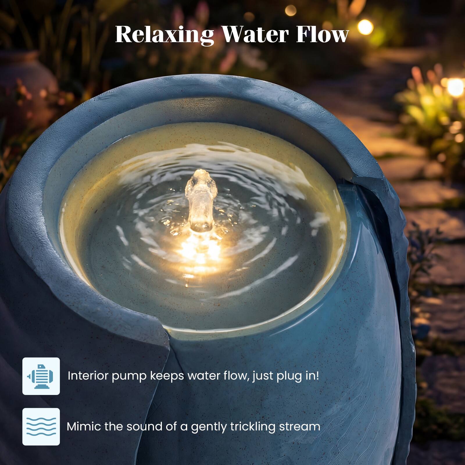 Relaxing Water Flow

Interior pump keeps water flow, just plug in!

Mimic the sound of a gently trickling stream