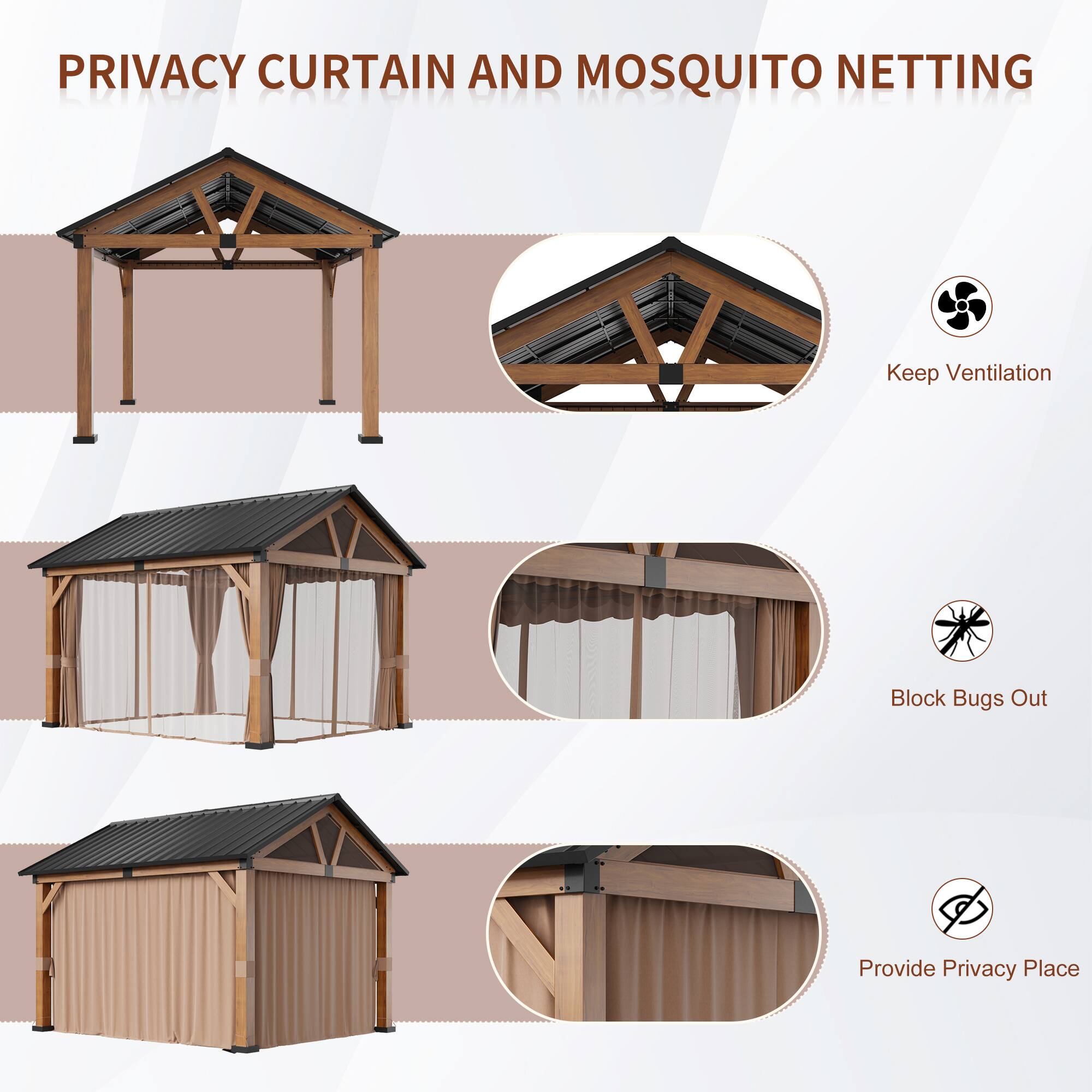 PRIVACY CURTAIN AND MOSQUITO NETTING

- Keep Ventilation
- Block Bugs Out
- Provide Privacy Place