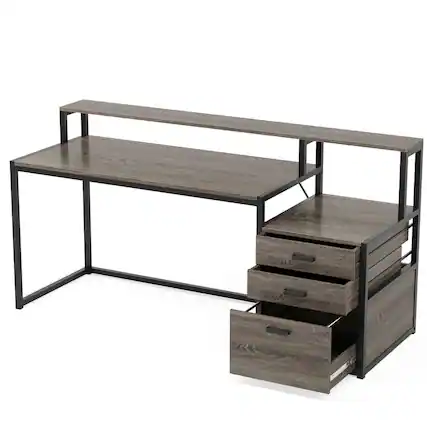 Front. Resenkos - Kadyn Study Writing Desk, Computer Desk,63" Computer Desk, Ergonomic Office Desk with Drawers & Monitor Stand,Grey - Gray.