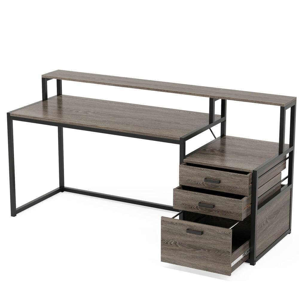 Front. Resenkos - Kadyn Study Writing Desk, Computer Desk,63" Computer Desk, Ergonomic Office Desk with Drawers & Monitor Stand,Grey - Gray.