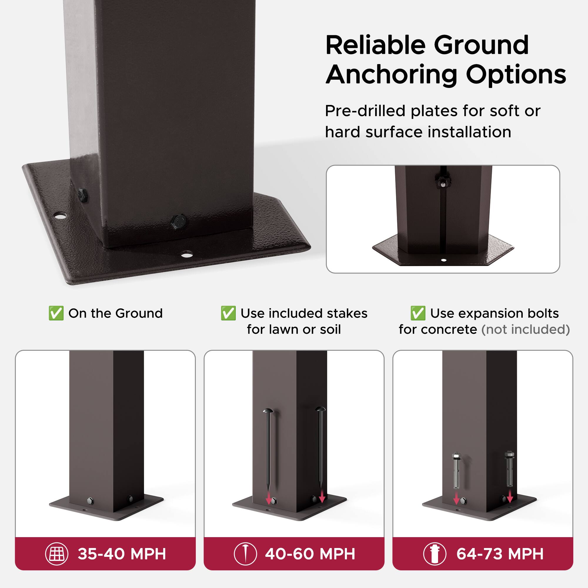 Reliable Ground Anchoring Options

Pre-drilled plates for soft or hard surface installation

- On the Ground
- Use included stakes for lawn or soil
- Use expansion bolts for concrete (not included)

35-40 MPH  
40-60 MPH  
64-73 MPH