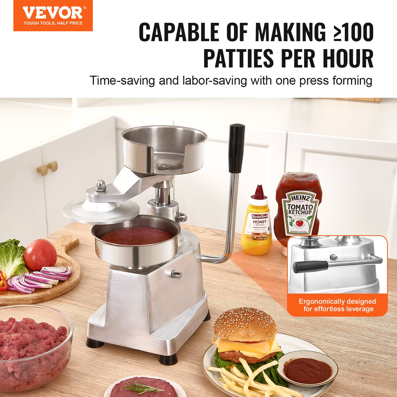 VEVOR  
TOUGH TOOLS, HALF PRICE  

CAPABLE OF MAKING ≥100 PATTIES PER HOUR  
Time-saving and labor-saving with one press forming  

Ergonomically designed for effortless leverage