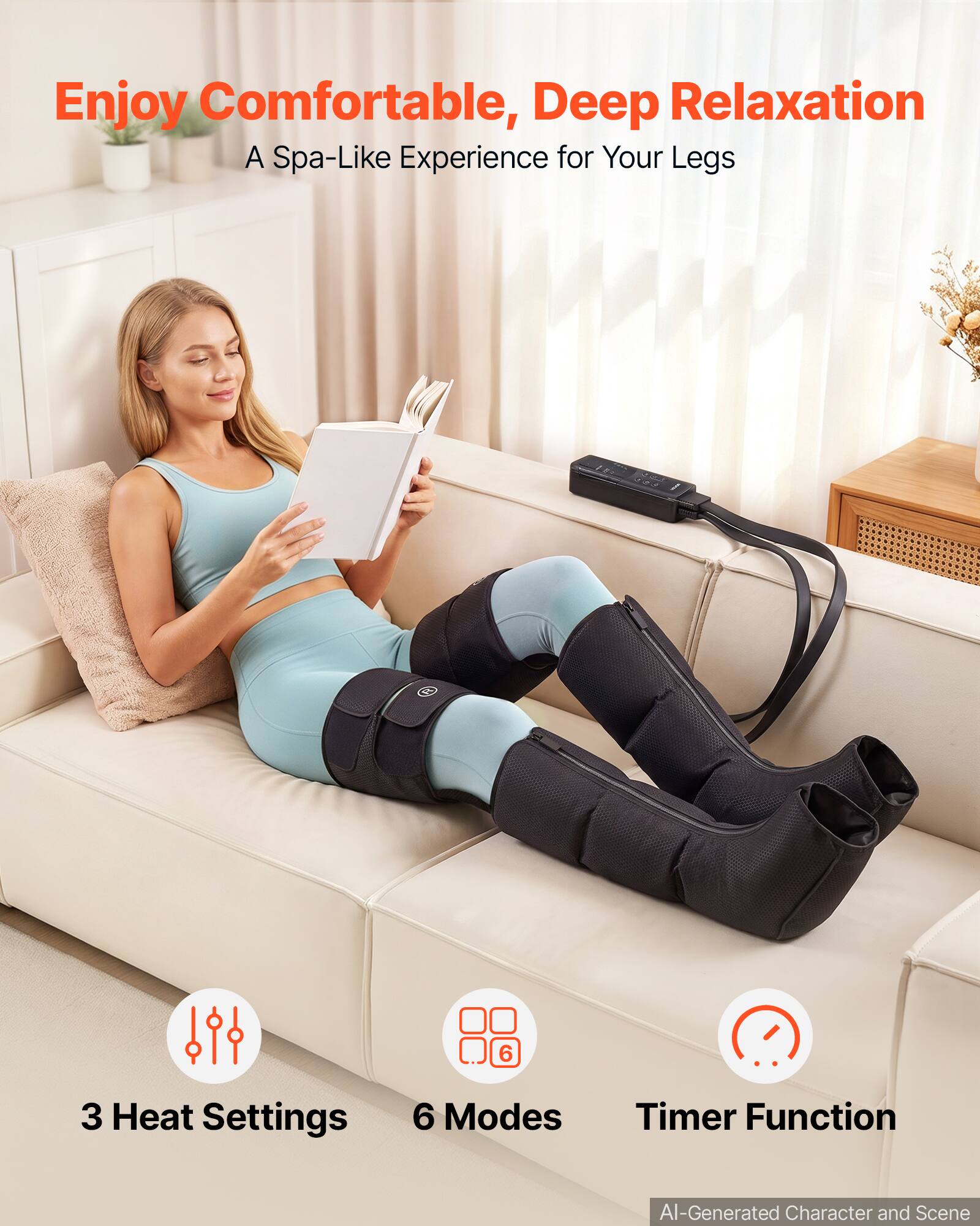 Enjoy Comfortable, Deep Relaxation  
A Spa-Like Experience for Your Legs

3 Heat Settings  
6 Modes  
Timer Function  

AI-Generated Character and Scene