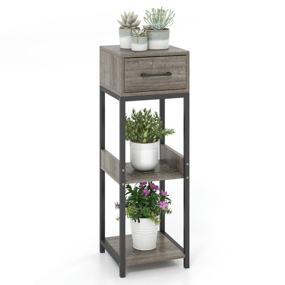 Angle. Pefilos - 3 Tier Tall Plant Stand with Drawer Anti-tipping Devices-Gray, End Table - Gray.