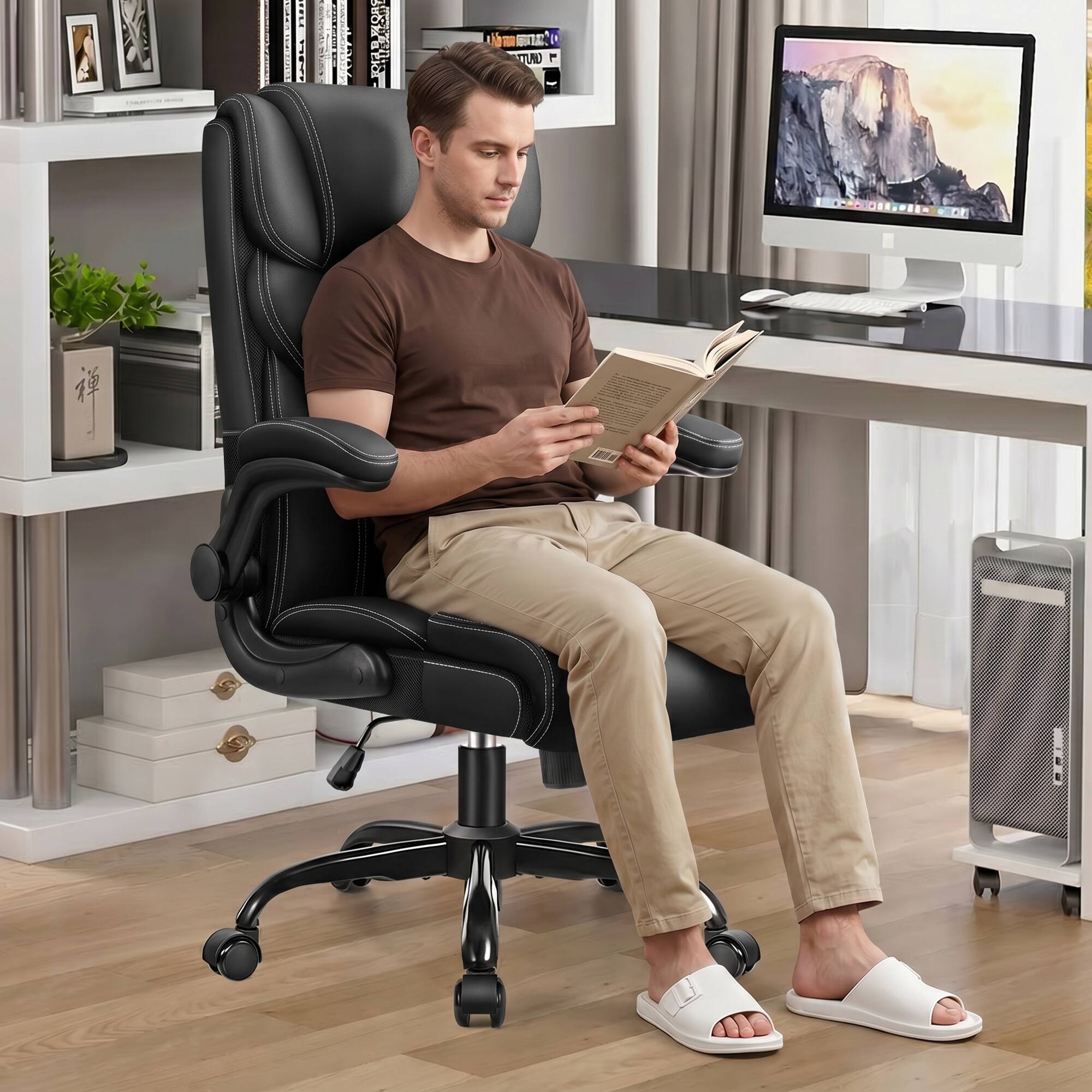 Brick Attic - Office Chair, Ergonomic Computer Desk Chairs, Executive Leather Chair with Adjustable Flip-up Armrests, Rocking Function - Black