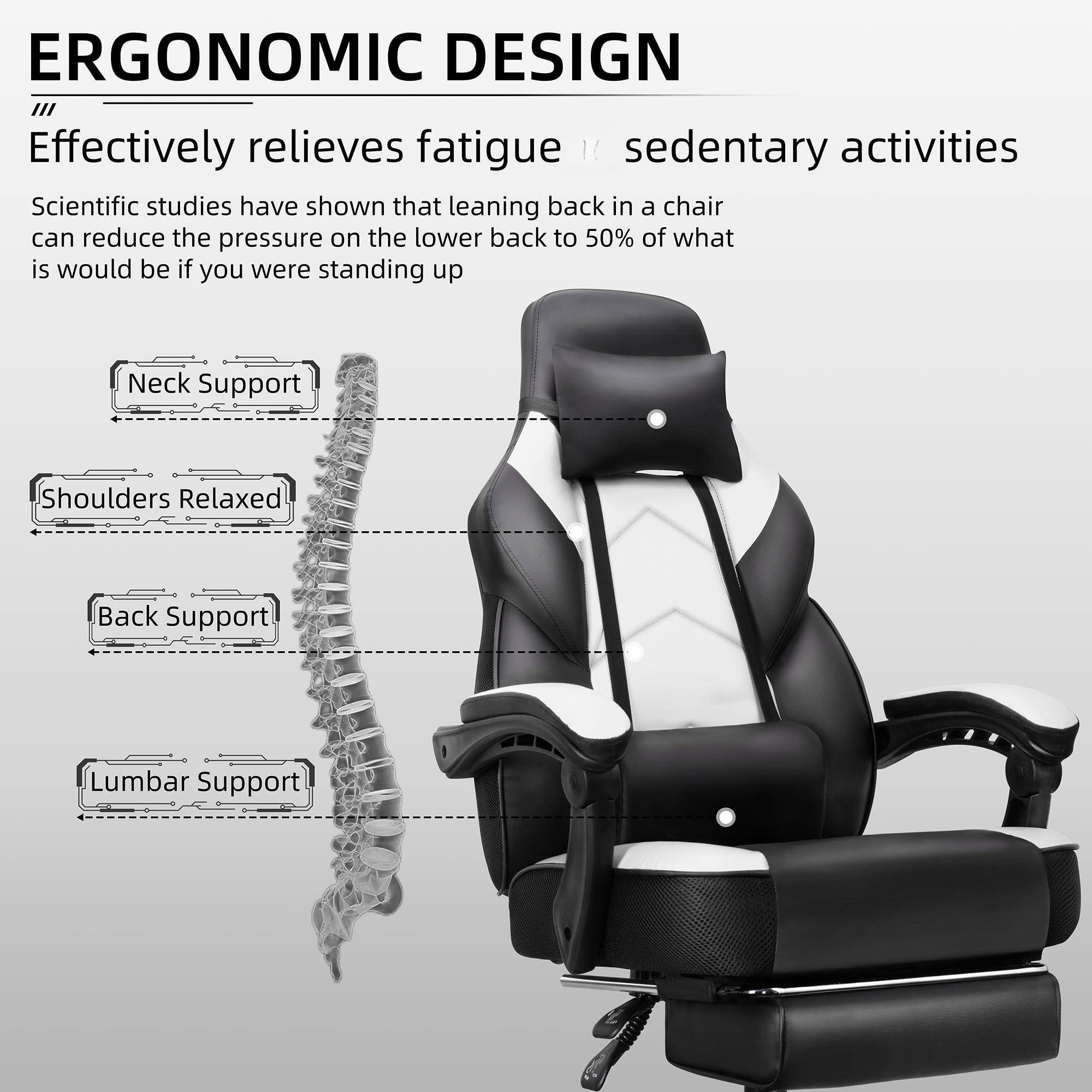 ERGONOMIC DESIGN

Effectively relieves fatigue // sedentary activities

Scientific studies have shown that leaning back in a chair can reduce the pressure on the lower back to 50% of what it would be if you were standing up

- Neck Support
- Shoulders Relaxed
- Back Support
- Lumbar Support