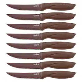 NutriChef - 8 Piece Kitchen Knife Set - Multi-purpose Unbreakable Ergonomic Non-stick Stainless Steel Kitchen Steak Knives - Brown
