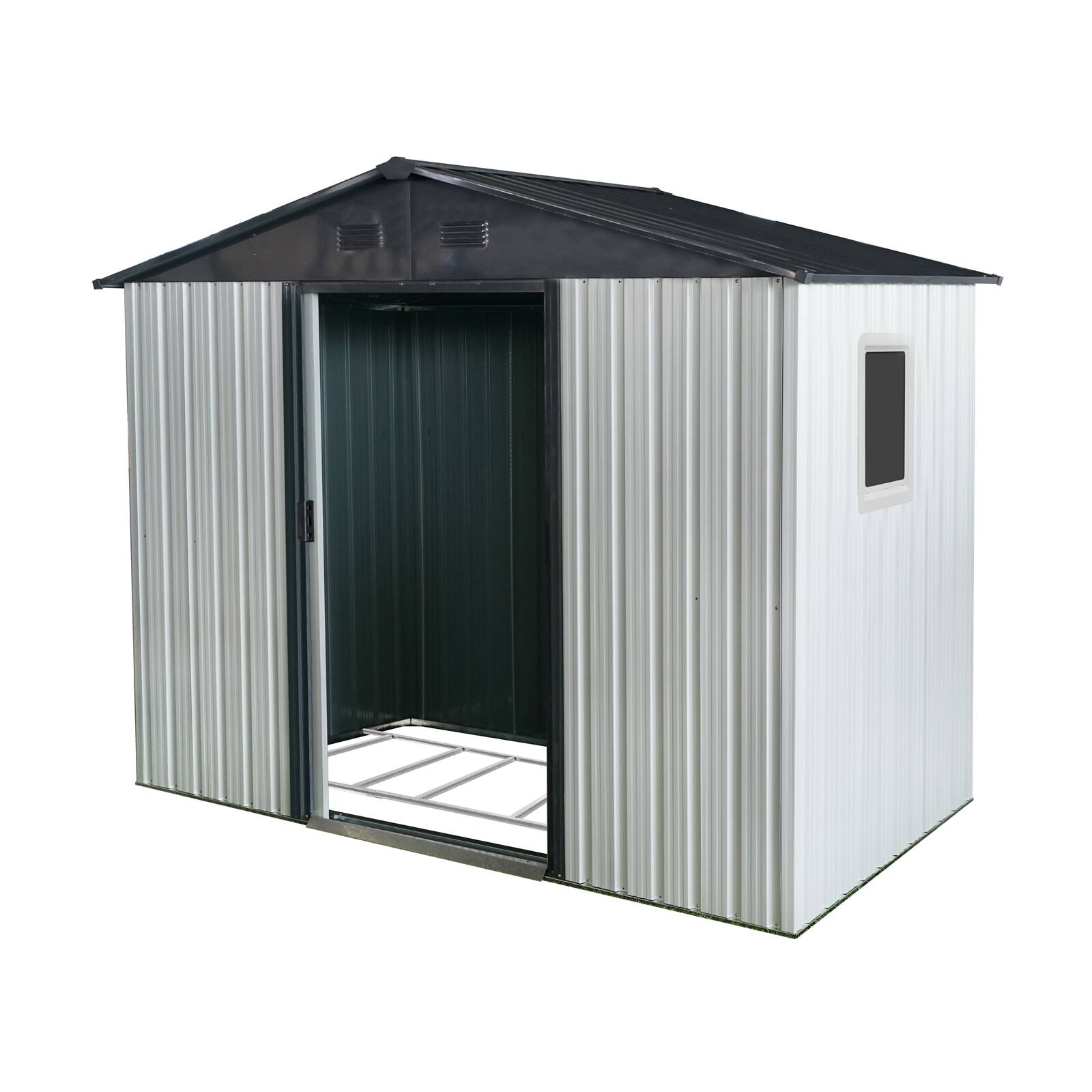 Back. Loheer - Loheer 8x4 Metal Storage Shed with Window and Foundation Backyard Storage House for Garden Tools White and Black.