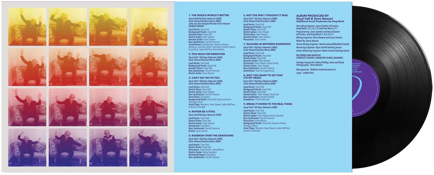 **Front Cover:**

- WHOLE WORLD'S BETTER
- Seeork GMRL Dungen (BUMA/STEMRA)
- Vocals Sackground Vocals: Acmustic Guitar: Acounlic Stewart Synthesizer: Freeman Iabella Dayonna Mivelyne Gueriine Lndener MoPhee
- MUCH INFORMATION Network GMRL Sewart/Standust Vocale: Background Vecals Acoustic Synthesizer Cernel Freeman Electric Guitar: CAN'T Network GMRL THOUGHT ALBUM PRODUCED Antwork GMRL Daryl Dave Stewart Sineart Standerst Additional Production Vocals: Recording Engineer: Samier Jeken Background Eectoa Guitar: Sitewart Programming: Samier Slewart Flectrie trackt) Acounic Guitar Mixing Engineer. Stewart Samier Percussion: Samier Stewart WALKING BETWERN RAINDROPS Mixing Engineer Leonand Blarkhird Netork GMRL Mastering Engineer: Mastering Engineer GroverStarling Vocals Snuopied Vocals RECORDED Flectine STARDUST STUDIOS HARBOUR ISLANO BAMAMAS Aceustic Guitar: Sitewart Peecunsin Stewart Samier Package DesignAt: Kathy Phillips Electric Photography: