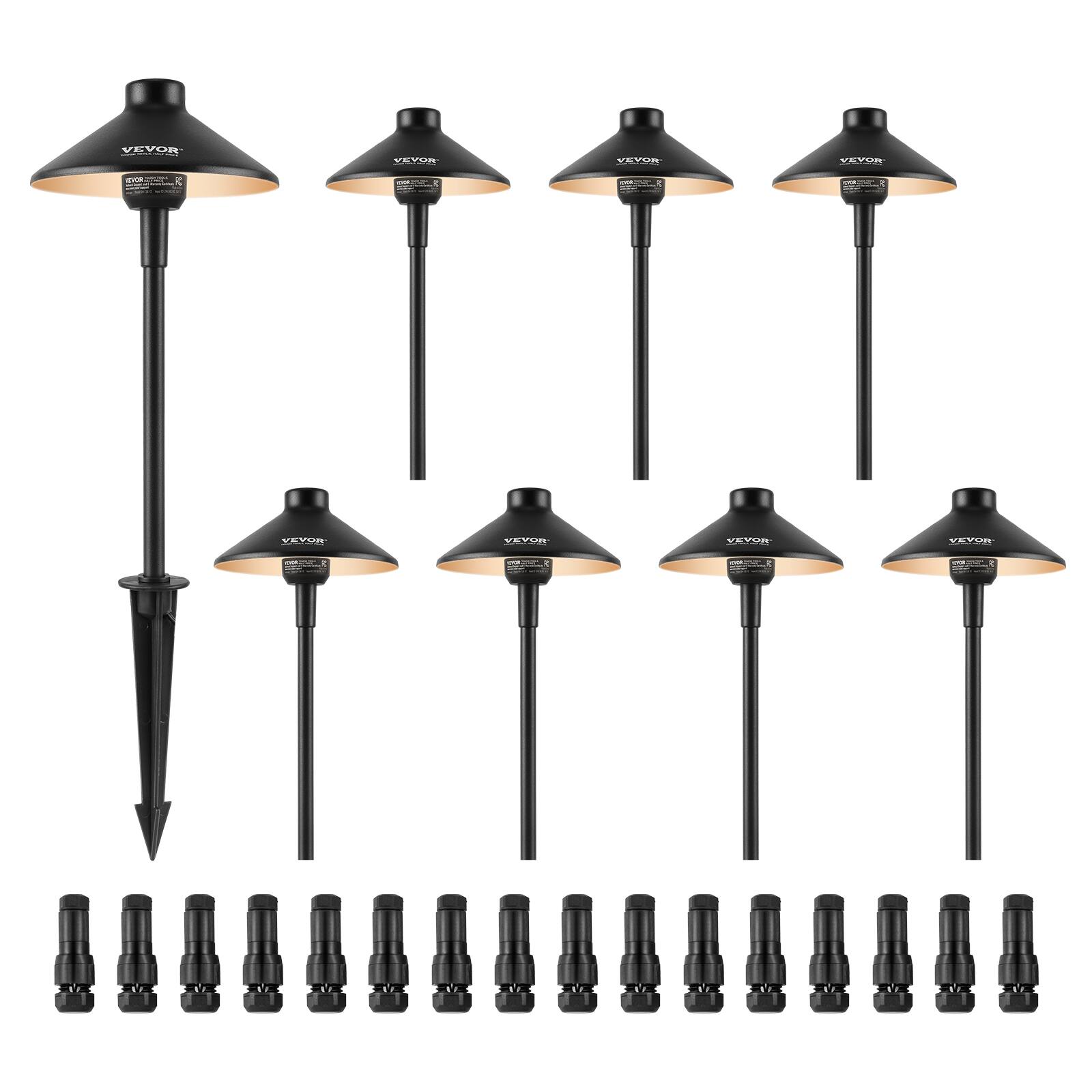 VEVOR - 8 Pack Low Voltage Landscape Path Lights, 3W 210LM 12V-24VAC/DC LED Pathway Lighting, 3000K Warm White Walkway Lights - Black