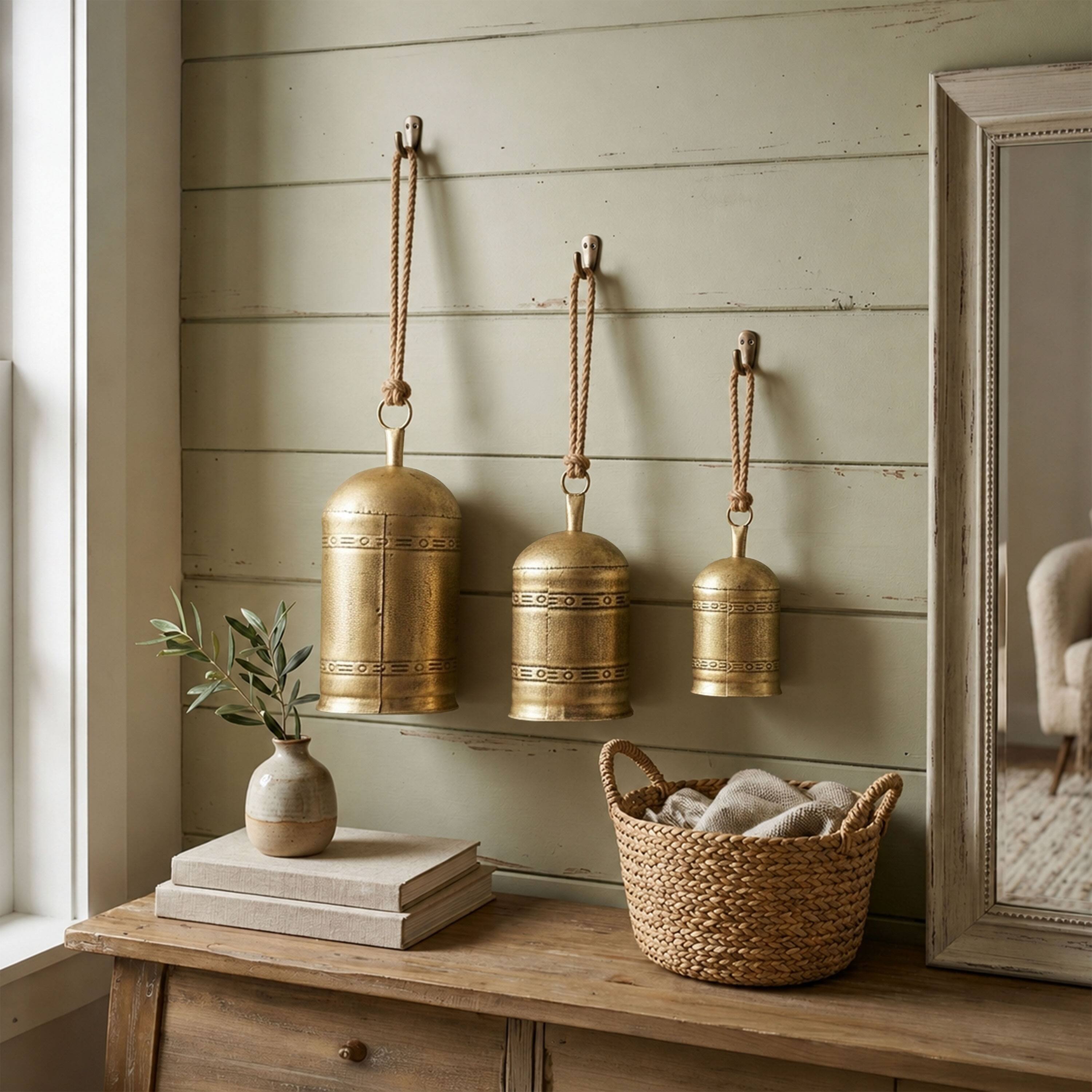 Alt View 8. Manhattan Lane - 3 Piece Cowbell Set, Etched Antique Iron with Jute Rope, Organic Decor - Antique Gold, Natural Brown.