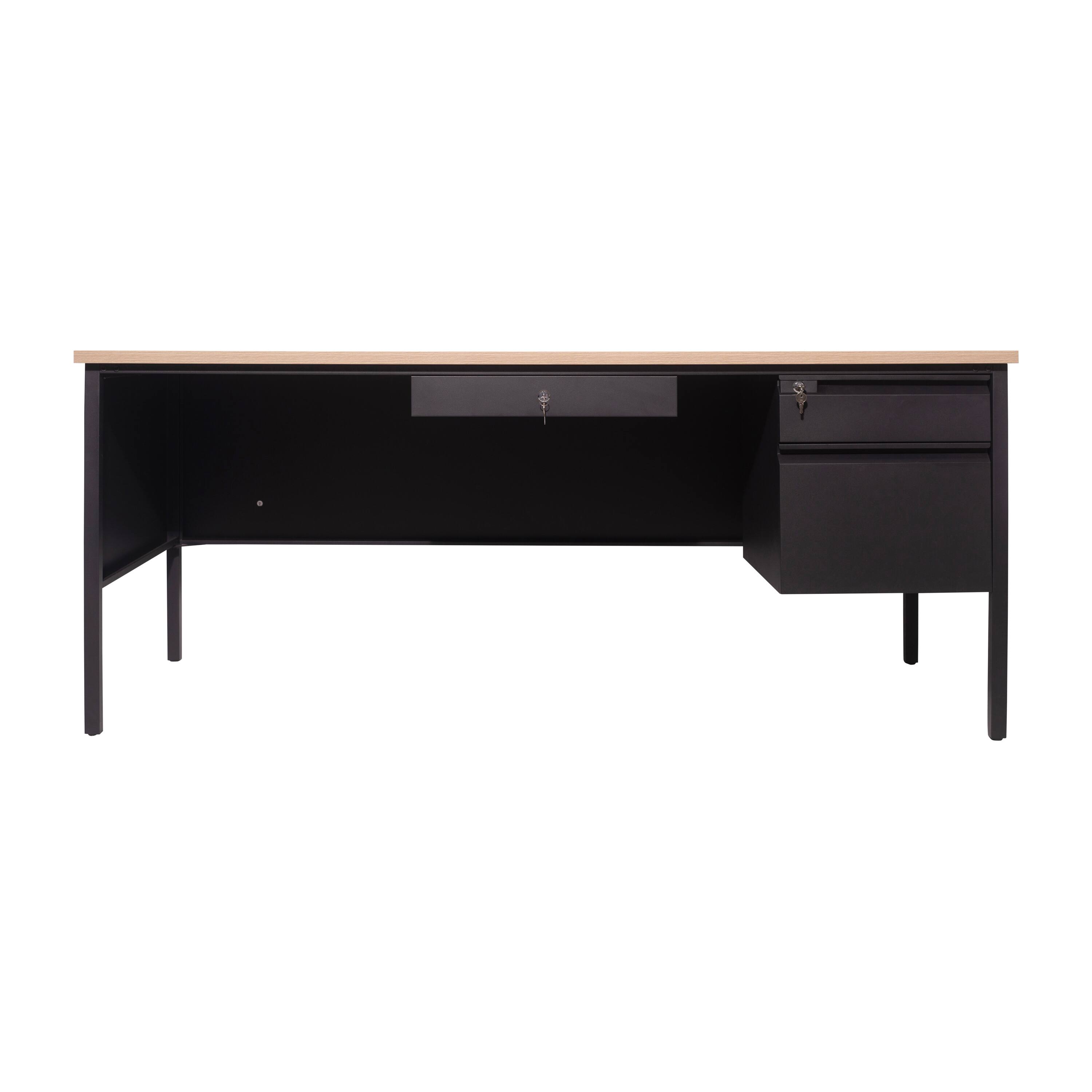 Angle. Flash Furniture - Cambridge Commercial Grade 30x70 Right Side Single Pedestal Desk with 3 Locking Drawers, White Oak Top and Black Frame - Brown.