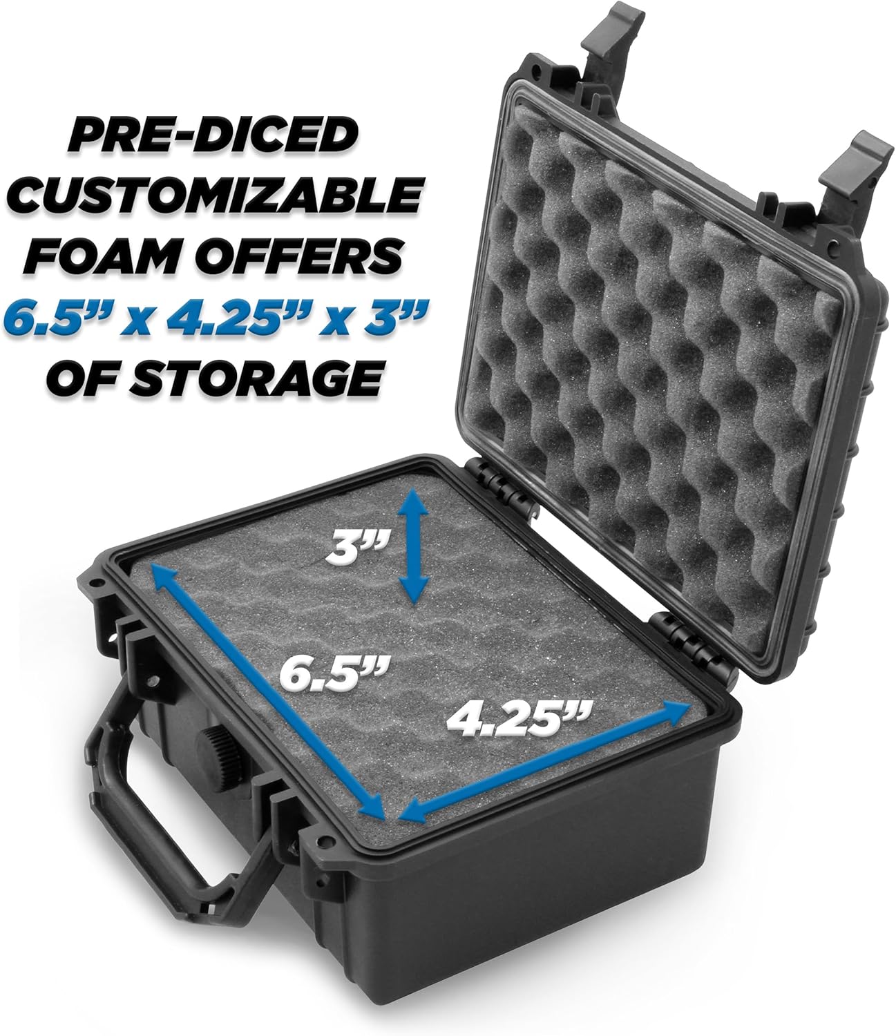 PRE-DICED CUSTOMIZABLE FOAM OFFERS 6.5" X 4.25" X 3" OF STORAGE