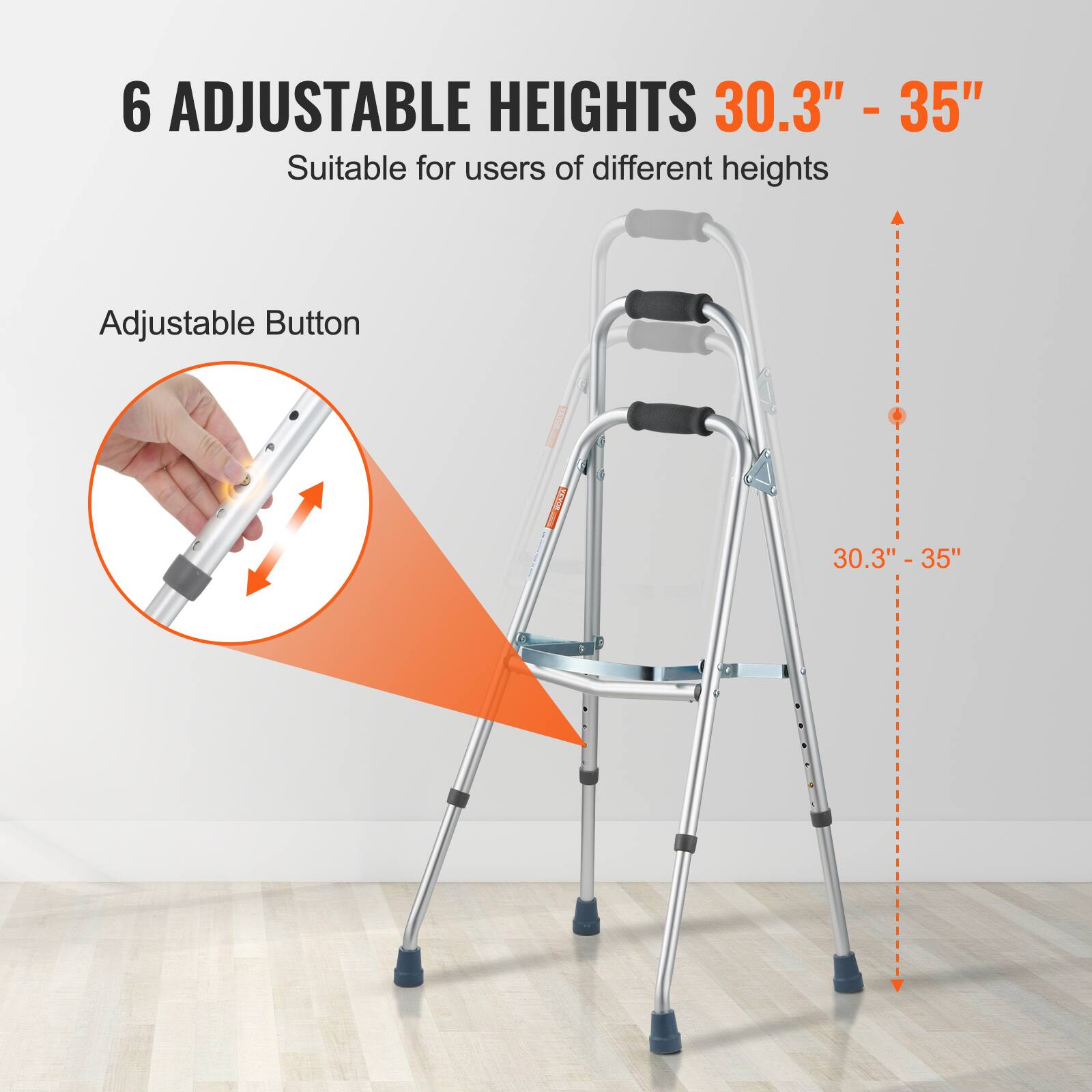 6 ADJUSTABLE HEIGHTS 30.3" - 35" Suitable for users of different heights Adjustable Button 30.3" - 35"