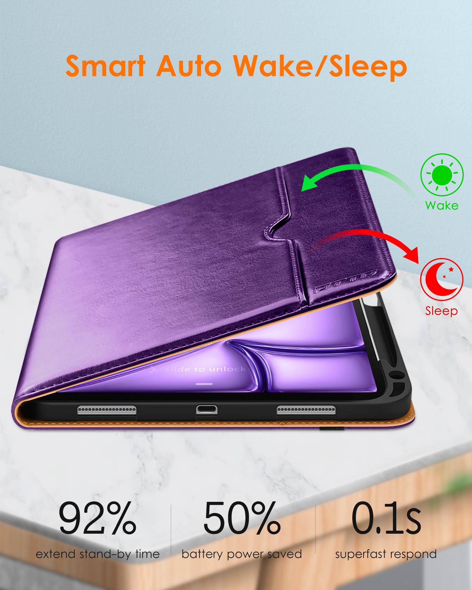 Smart Auto Wake/Sleep

- 92% extend stand-by time
- 50% battery power saved
- 0.1s superfast respond

slide to unlock