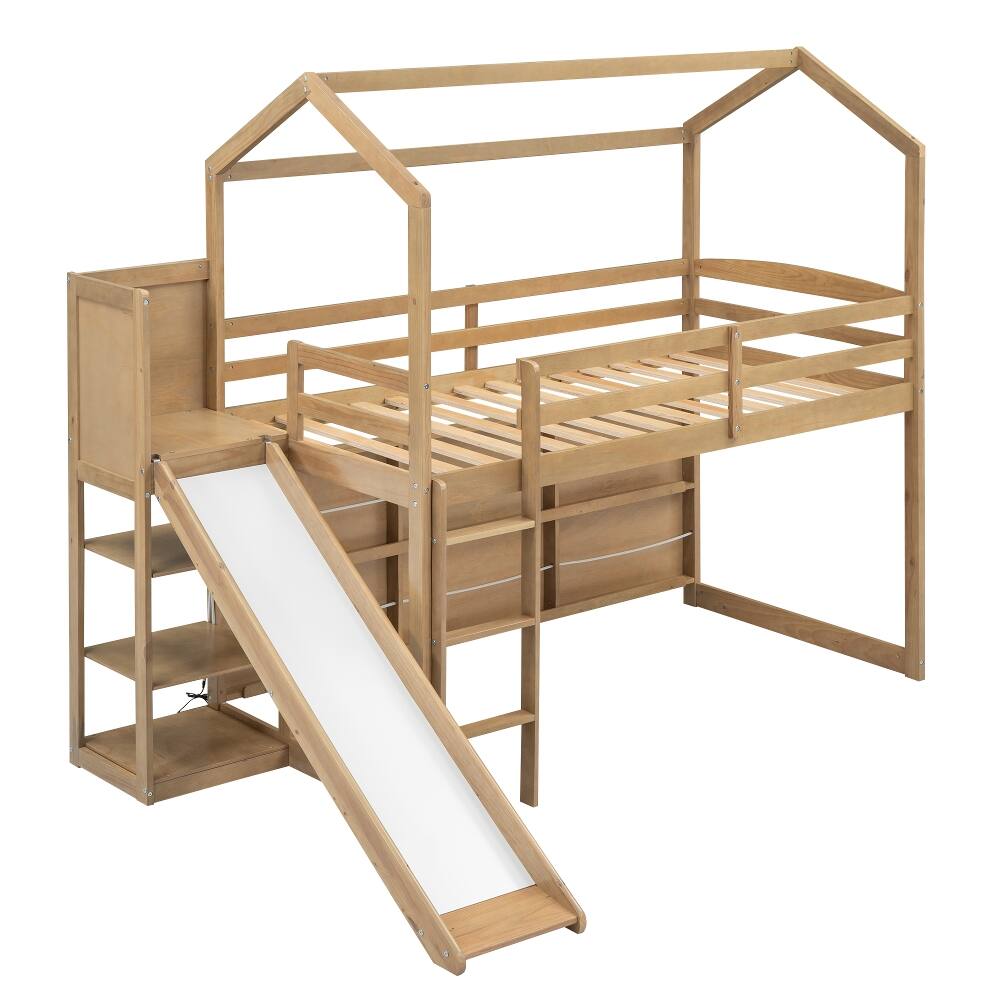 Alt View 3. Loheer - Loheer Twin Loft Bed with Slide and Storage, Wood House Bed Frame - Wood Color.