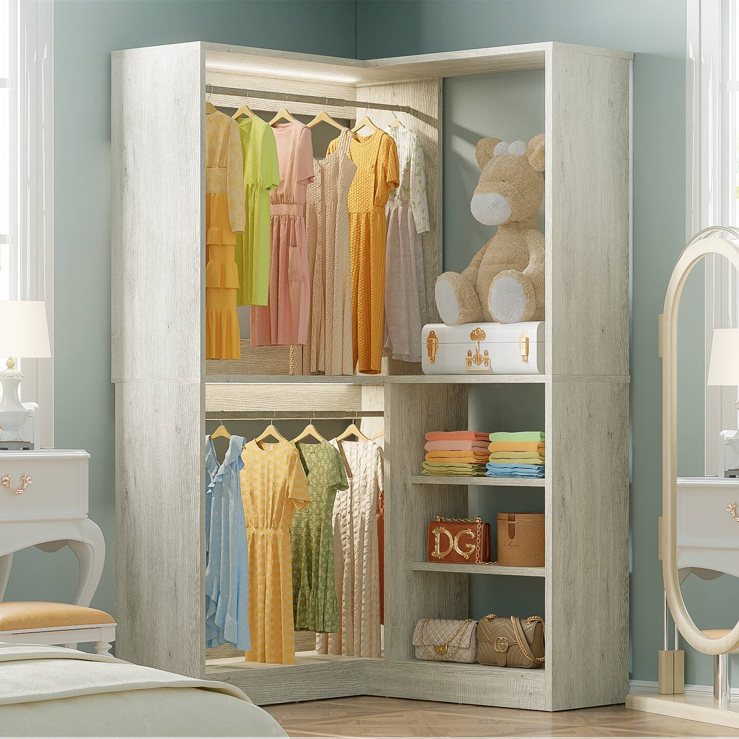 Aheaplus - 36'' Corner Closet System with Hanging Rods and Shelves, Large Sturdy Corner Storage Unit - Beige Oak price history on PriceWatchPro