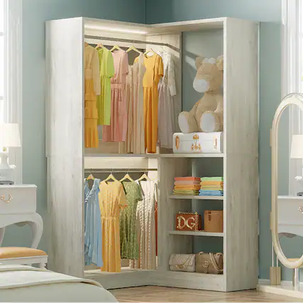Front. Aheaplus - 36'' Corner Closet System with Hanging Rods and Shelves, Large Sturdy Corner Storage Unit - Beige Oak.