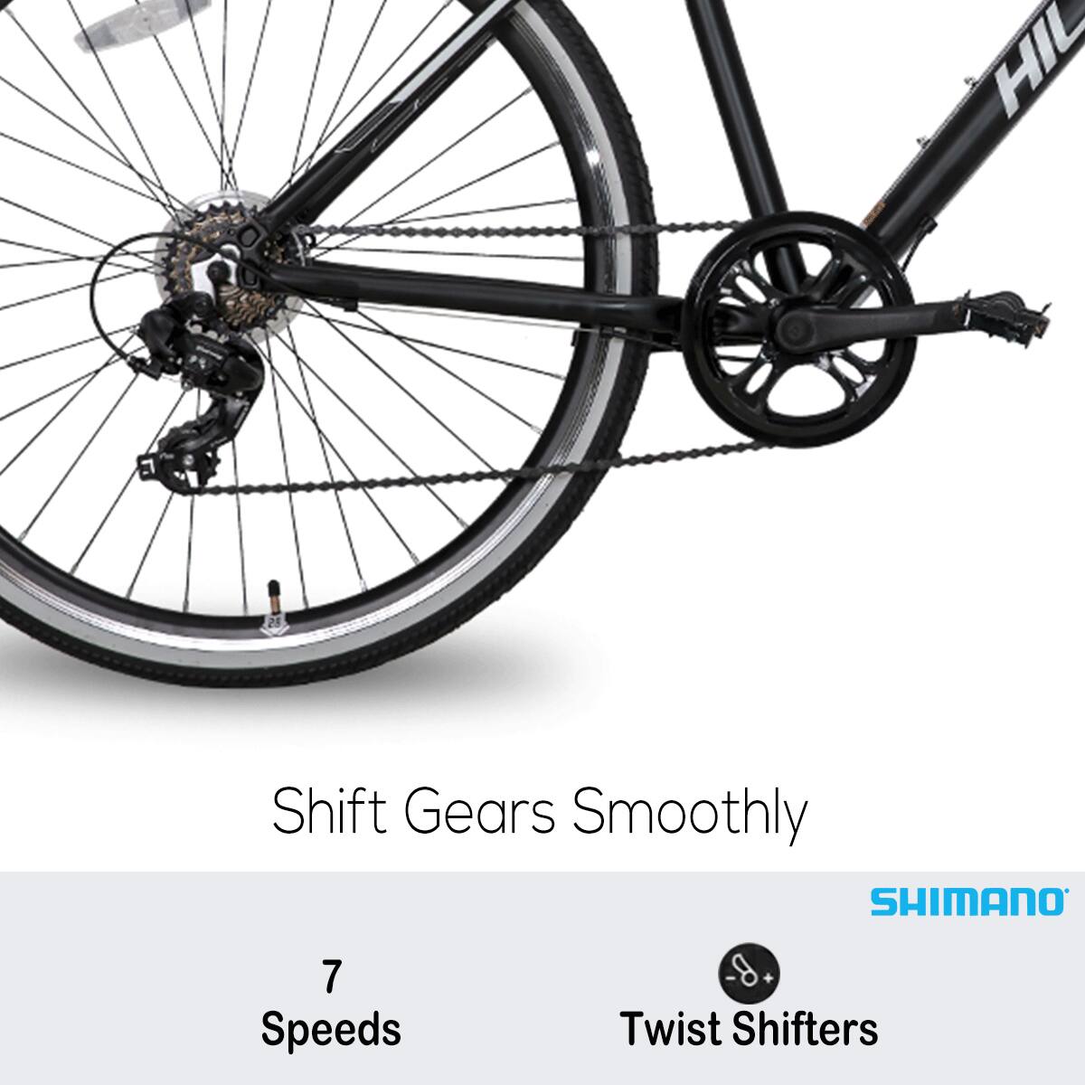 HIL 28  
Shift Gears Smoothly  
SHIMANO 7 Speeds  
Twist Shifters