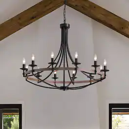 Siljoy - 41 Inch Farmhouse Matte Black 12 Light Candle Chandelier Adjustable Wrought Iron for Dining Room Kitchen Island Entryway - Brown
