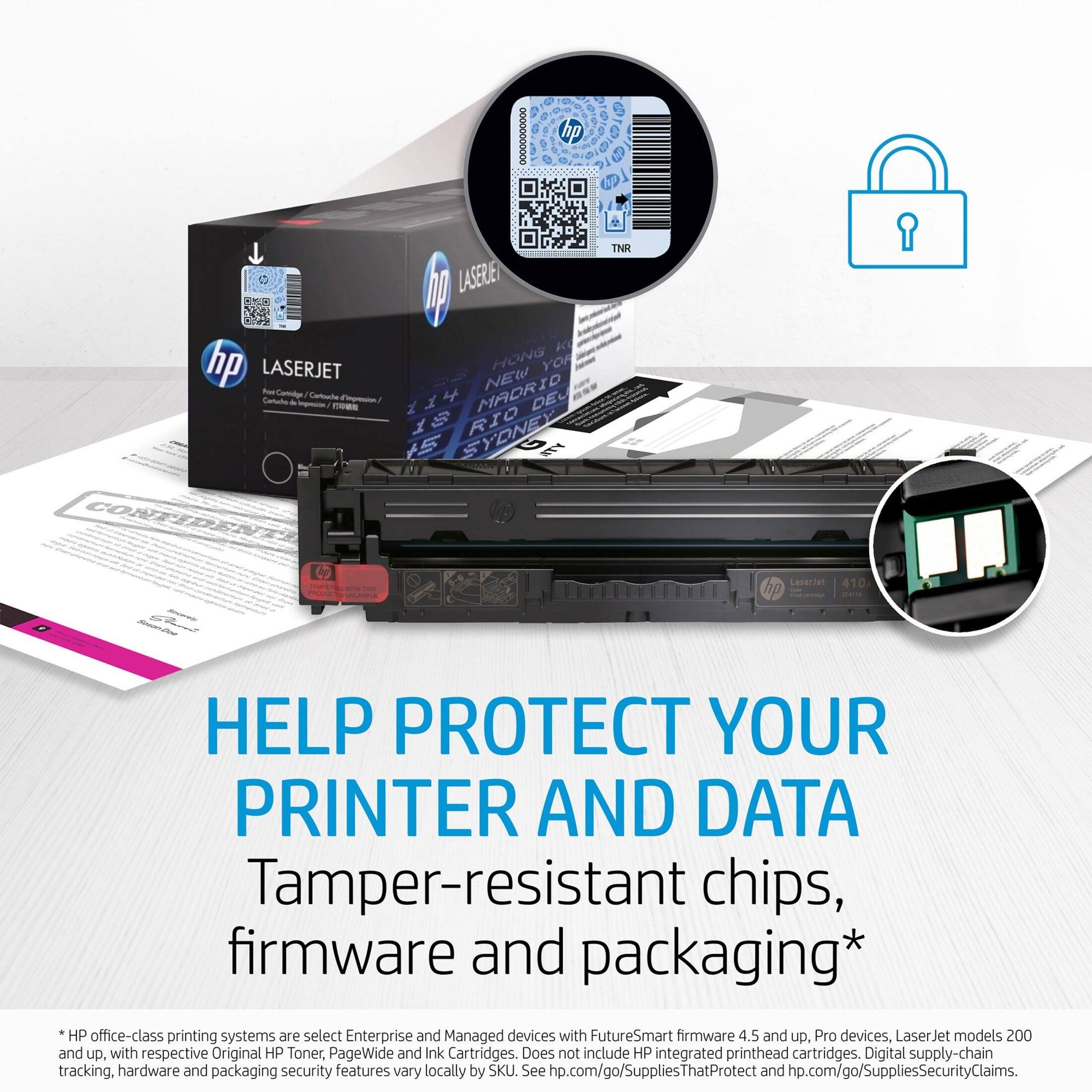 HELP PROTECT YOUR PRINTER AND DATA

Tamper-resistant chips, firmware and packaging*

*HP office-class printing systems are select Enterprise and Managed devices with FutureSmart firmware 4.5 and up, Pro devices, LaserJet models 200 and up, with respective Original HP Toner, PageWide and Ink Cartridges. Does not include HP integrated printhead cartridges. Digital supply-chain tracking, hardware and packaging security features vary locally by SKU. See hp.com/go/SuppliesThatProtect and hp.com/go/SuppliesSecurityClaims.