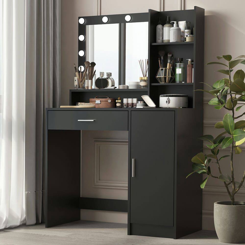 Angle. Kadyn - Vanity Desk with Illuminated Mirror and 3-Tier Drawer Storage - Black - Black.