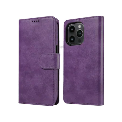 Front. RadEnergy - EMF Protection Anti Radiation Leather Wallet Case for iPhone, Genuine Leather Wallet Case iPhone 13 - Purple.