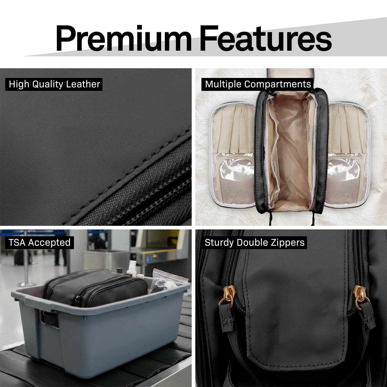 Premium Features

- High Quality Leather
- Multiple Compartments
- TSA Accepted
- Sturdy Double Zippers