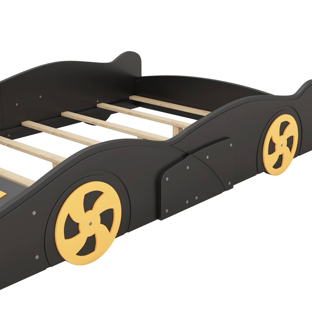 Alt View 10. Loheer - Loheer Full Size Race Car Bed with Storage, Black Yellow Car Shaped Platform Bed - Black+Yellow.