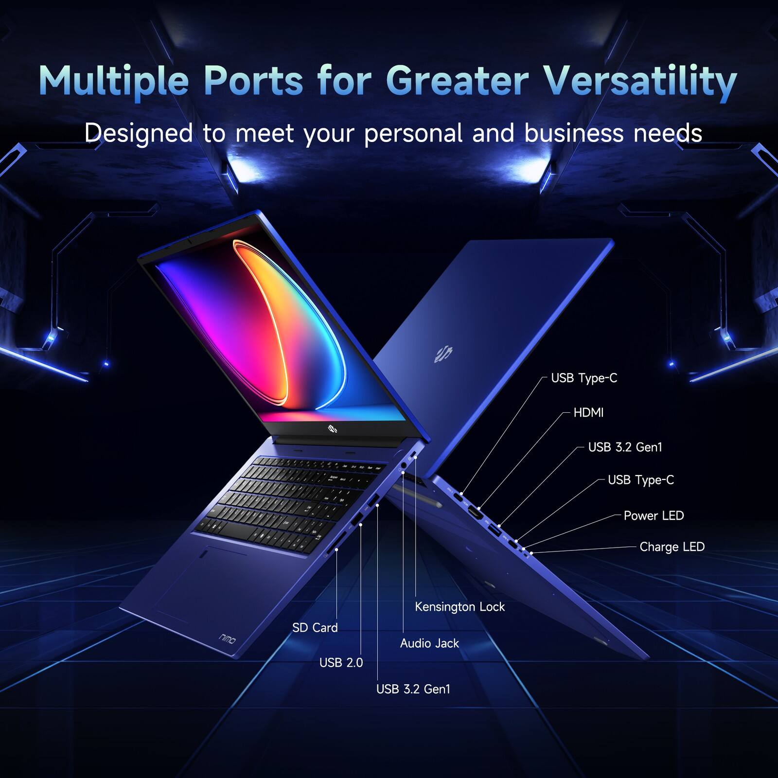 Multiple Ports for Greater Versatility  
Designed to meet your personal and business needs  

- USB Type-C  
- HDMI  
- USB 3.2 Gen1  
- USB Type-C  
- Power LED  
- Charge LED  
- SD Card  
- USB 2.0  
- Kensington Lock  
- Audio Jack  
- USB 3.2 Gen1