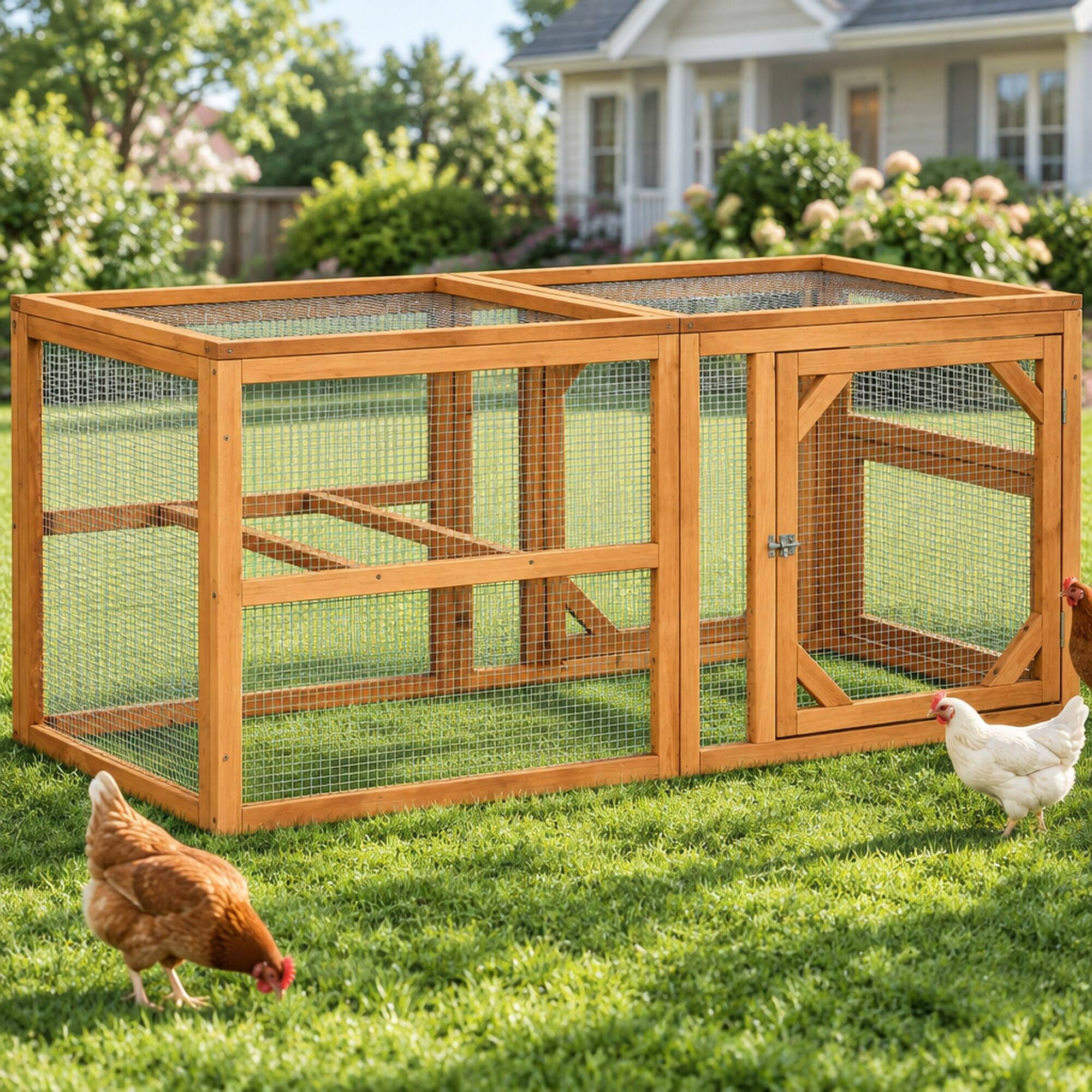 Left. RYHNUYNE - 55 in Wooden Chicken Coop Expansion, Combinable Run, Climate-Safe Paint, Wire Fencing, 25 in H.