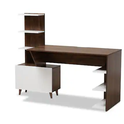 Front. Baxton Studio - Tobias Mid-Century Modern Finished Wood Storage Computer Desk with Shelves - White/Walnut Brown.
