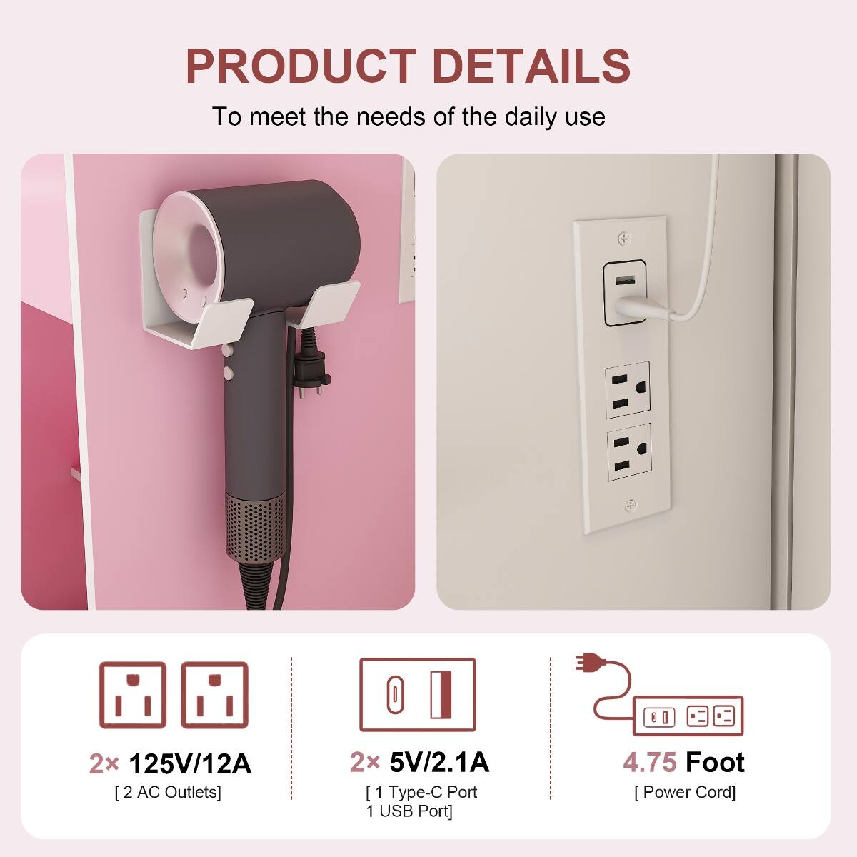 PRODUCT DETAILS  
To meet the needs of the daily use

2x 125V/12A [2 AC Outlets]  
2x 5V/2.1A [1 Type-C Port 1 USB Port]  
4.75 Foot [Power Cord]