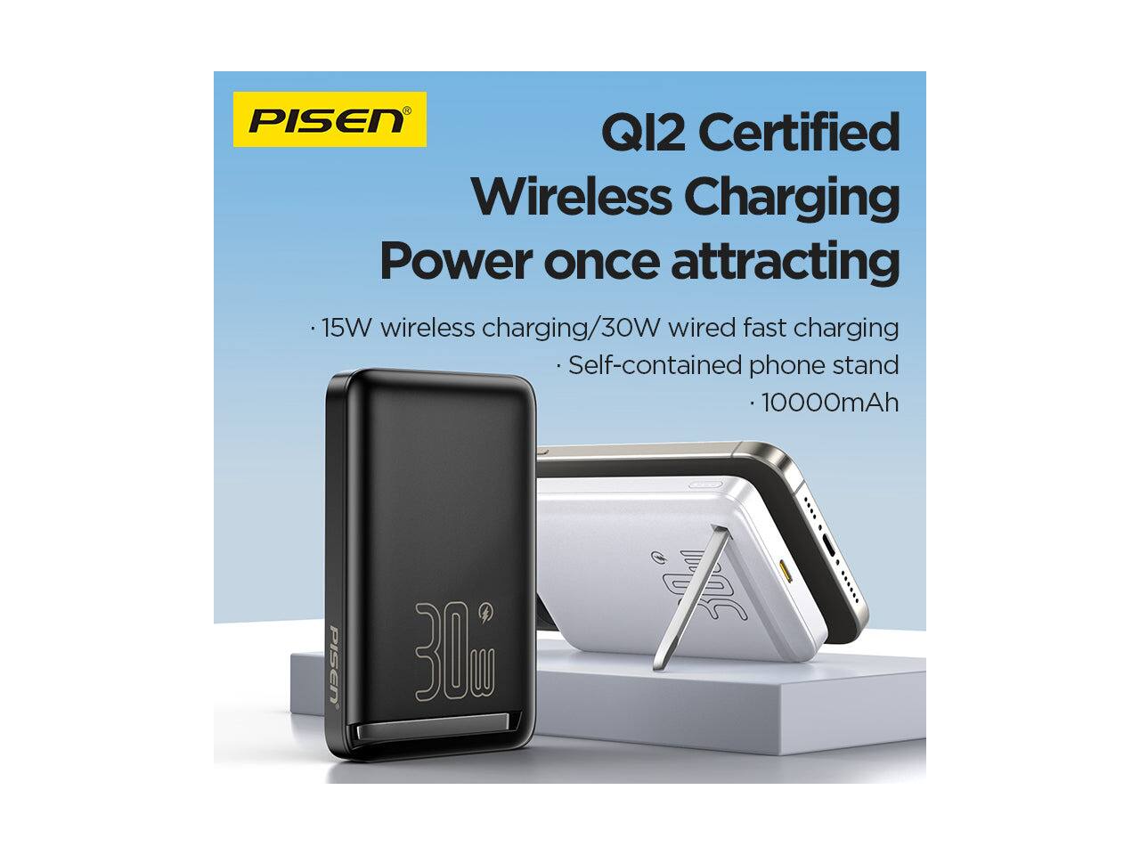 PISEN Q12 Certified Wireless Charging Power once attracting 15W wireless charging/30W wired fast charging Self-contained phone stand 10000mAh