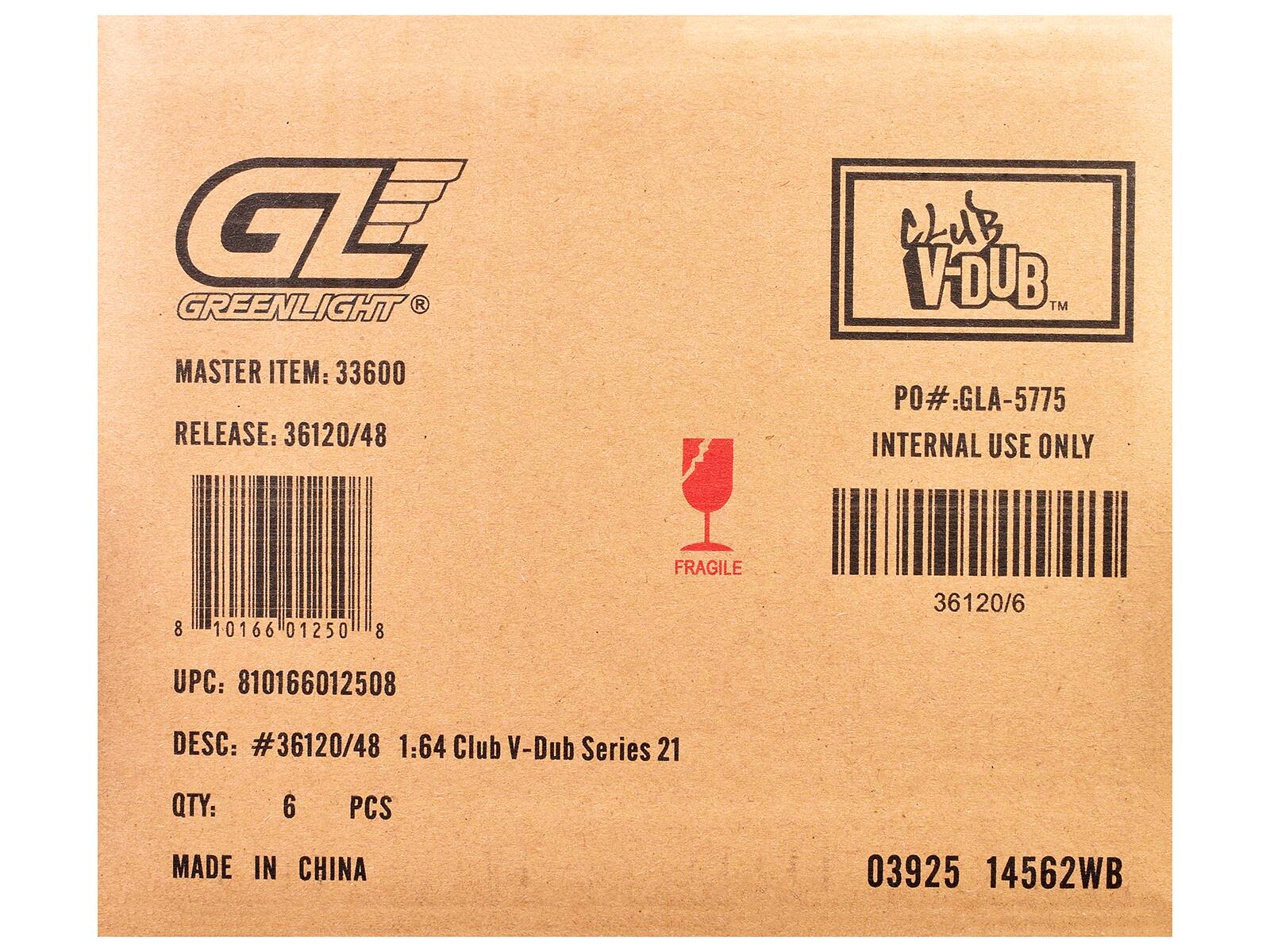 GREENLIGHT  
MASTER ITEM: 33600  
RELEASE: 36120/48  

PO#: GLA-5775  
INTERNAL USE ONLY  

UPC: 810166012508  
DESC: #36120/48 1:64 Club V-Dub Series 21  
QTY: 6 PCS  
MADE IN CHINA  

CLUB V-DUB™  
FRAGILE  

03925 14562WB