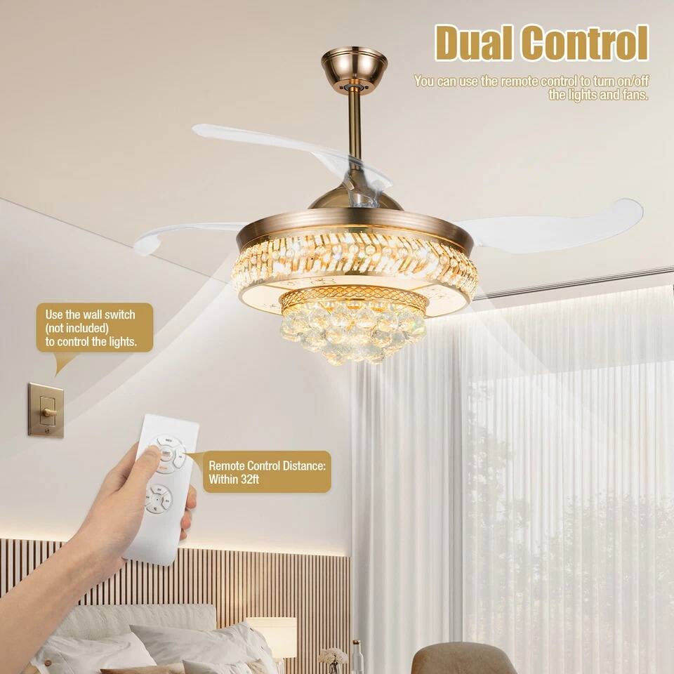 Dual Control  
You can use the remote control to turn on/off the lights and fans.  

Use the wall switch (not included) to control the lights.  

Remote Control Distance: Within 32ft