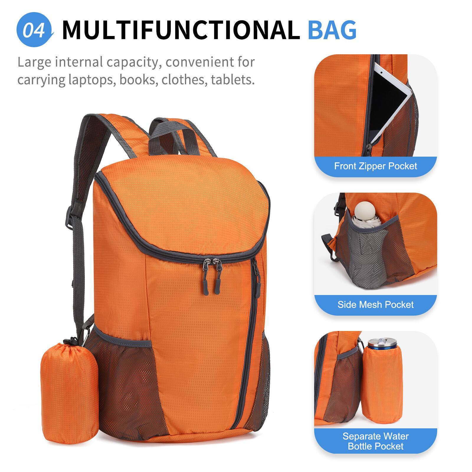 04 MULTIFUNCTIONAL BAG

Large internal capacity, convenient for carrying laptops, books, clothes, tablets.

- Front Zipper Pocket
- Side Mesh Pocket
- Separate Water Bottle Pocket