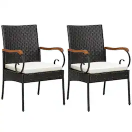 Gymax - Set of 2 PE Wicker Chairs Acacia Wood Armrests w/ White Soft Zippered Cushion Patio - Mix Brown, White