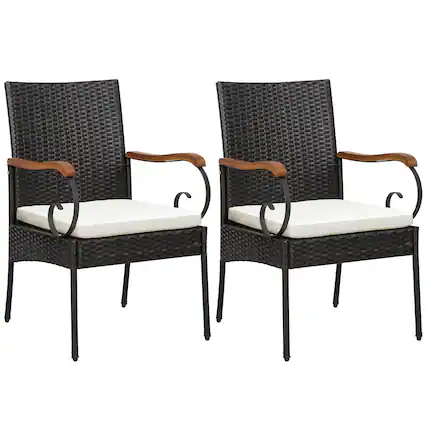 Front. Gymax - Gymax Set of 2 PE Wicker Chairs Acacia Wood Armrests w/ White Soft Zippered Cushion Patio - Mix Brown, White.