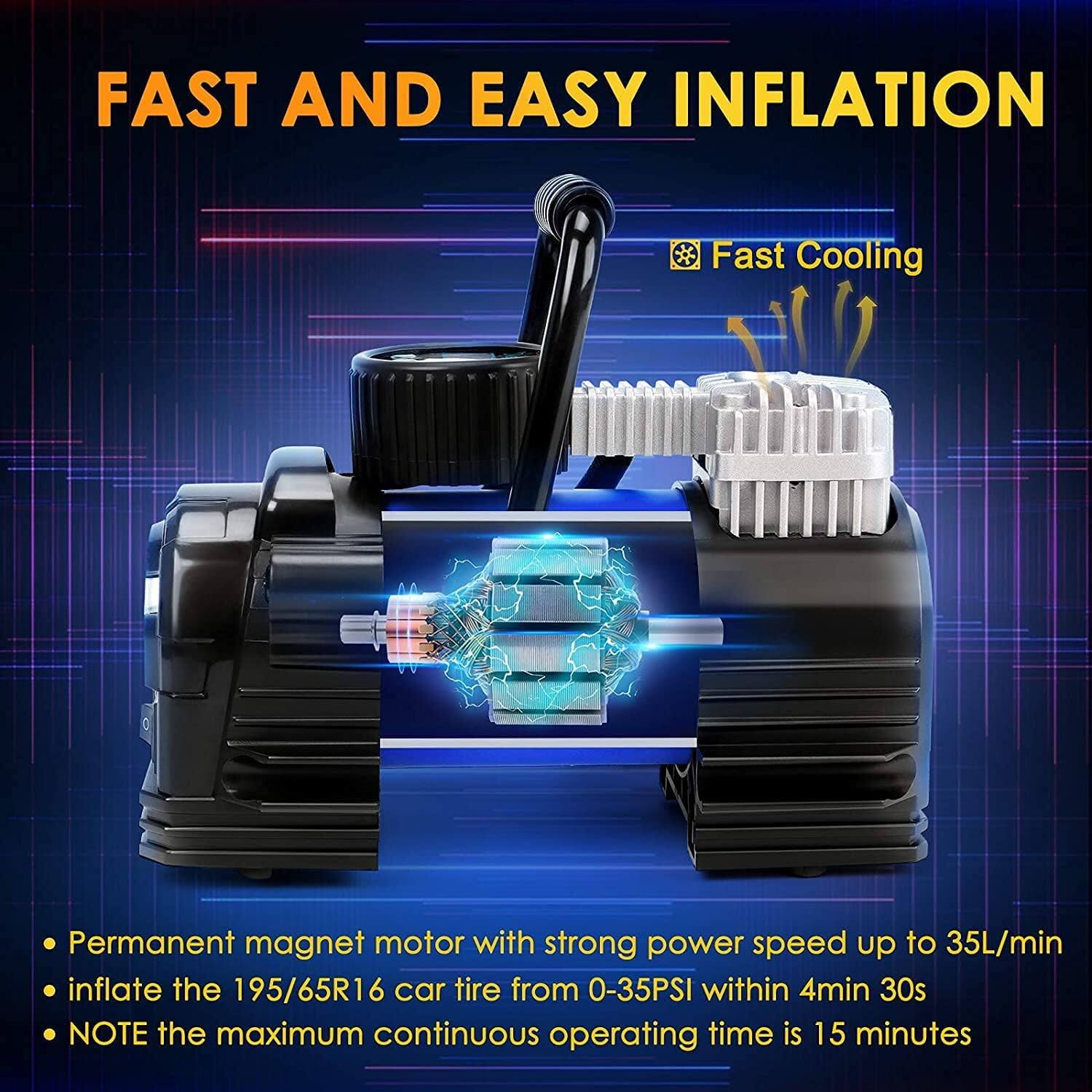 FAST AND EASY INFLATION

Fast Cooling

- Permanent magnet motor with strong power speed up to 35L/min
- Inflate the 195/65R16 car tire from 0-35PSI within 4min 30s
- NOTE the maximum continuous operating time is 15 minutes