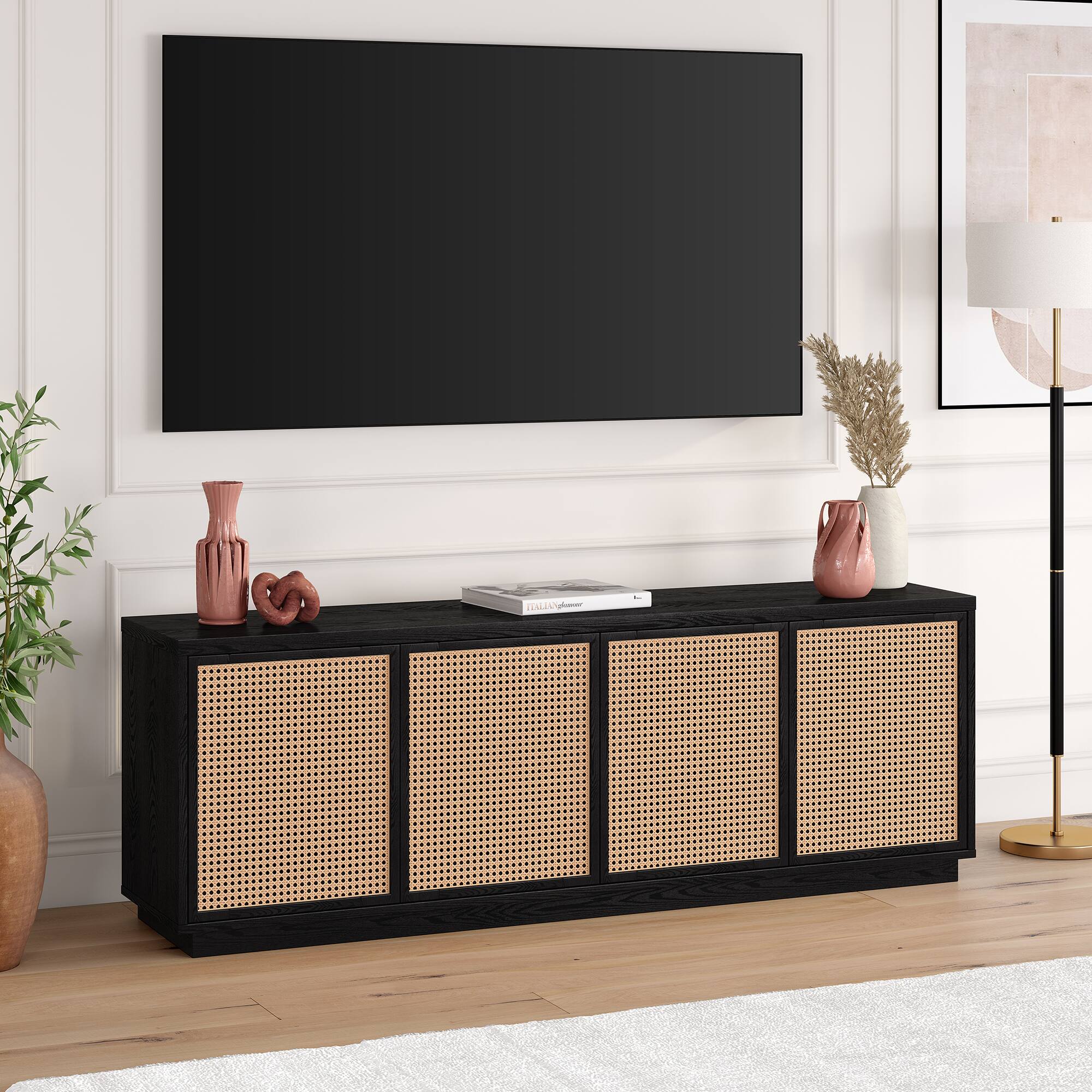 Alt View 3. Hudson&Canal - Pryce Rectangular TV Stand for TV's up to 78" in Black Grain/Natural Rattan - Black Grain/Natural Rattan.