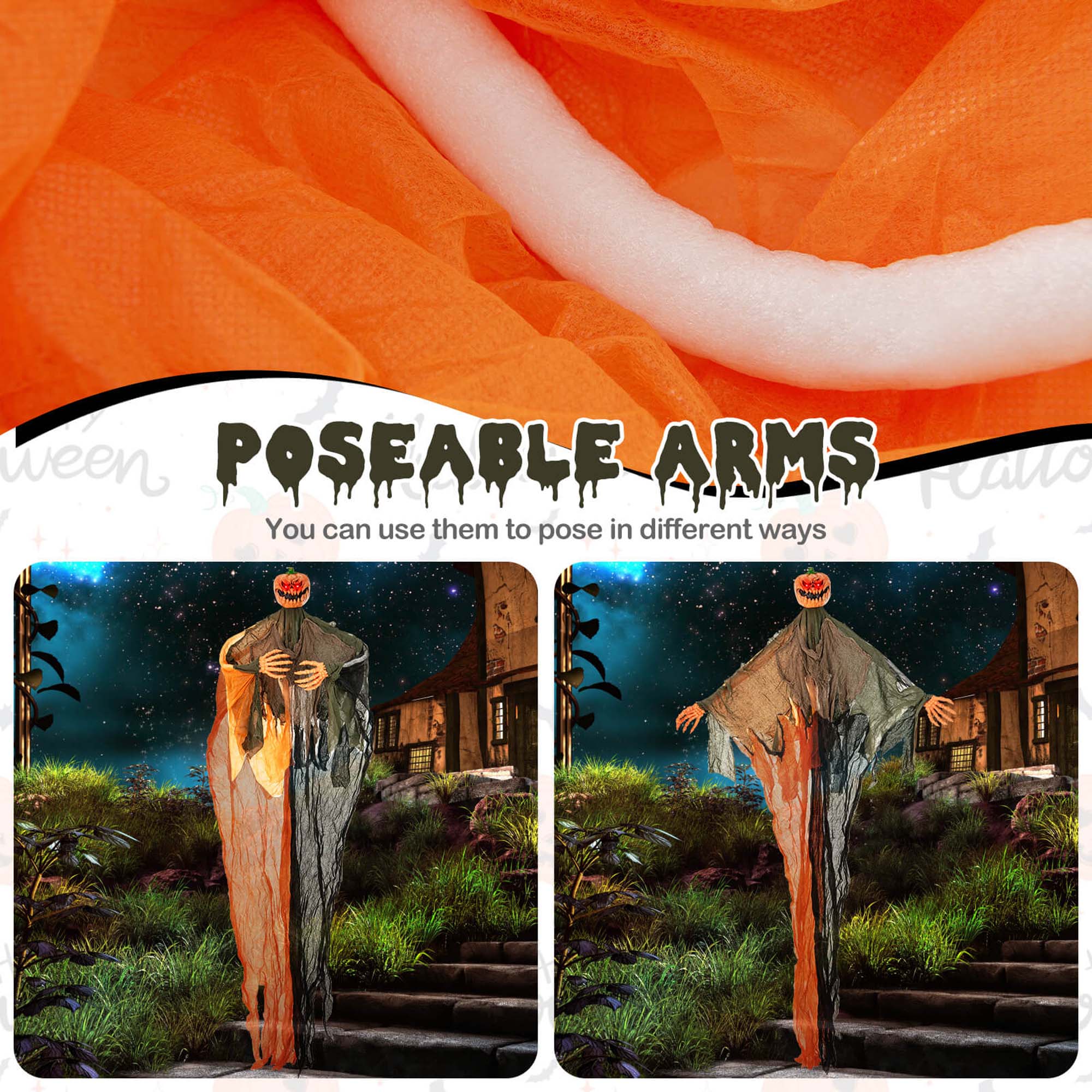 The text on the image can be grouped and corrected as follows:

"Poseable Arms: You can use them to pose in different ways."

This text highlights the feature of the poseable arms of the Halloween decoration, emphasizing their versatility in positioning.