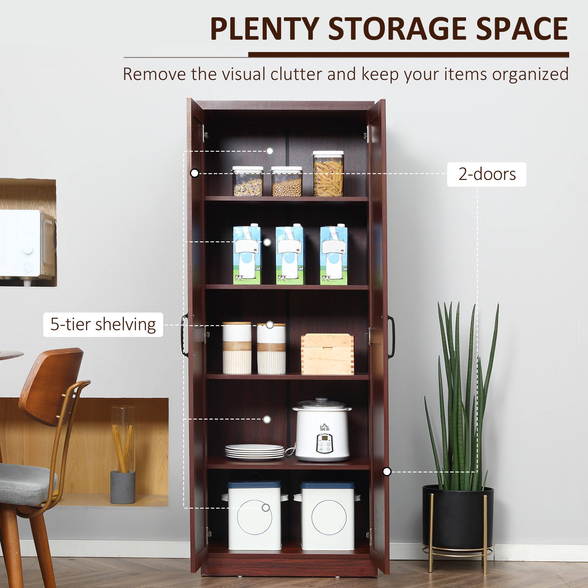 PLENTY STORAGE SPACE Remove the visual clutter and keep your items organized 2-doors 5-tier shelving