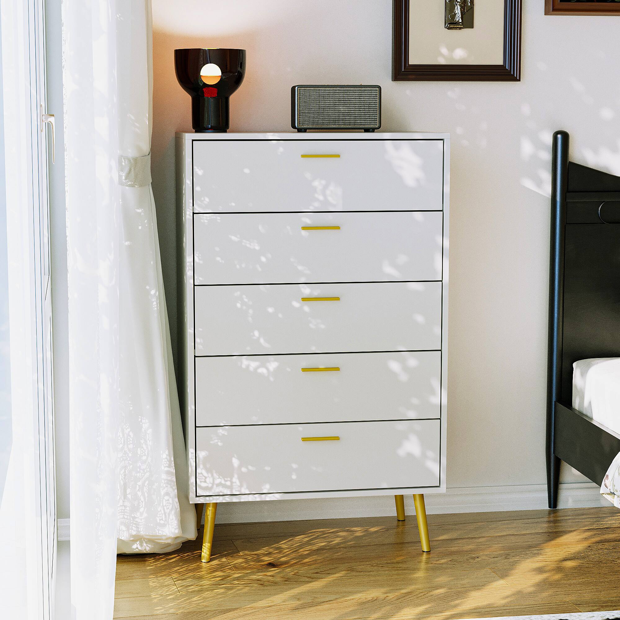 Famapy - 5-Drawer Dresser for Bedroom, Living Room & Apartment – Modern Storage Cabinet with Metal Legs & Anti-Tip Safety - White