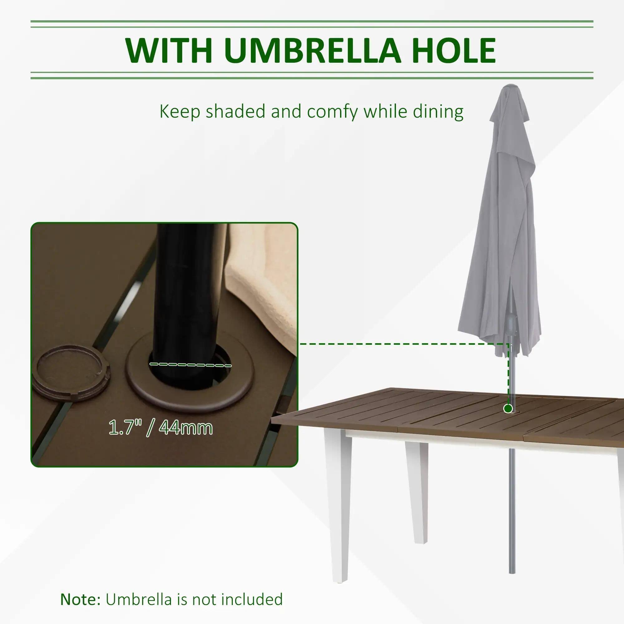 WITH UMBRELLA HOLE
Keep shaded and comfy while dining
1.7"/44mm
Note: Umbrella is not included