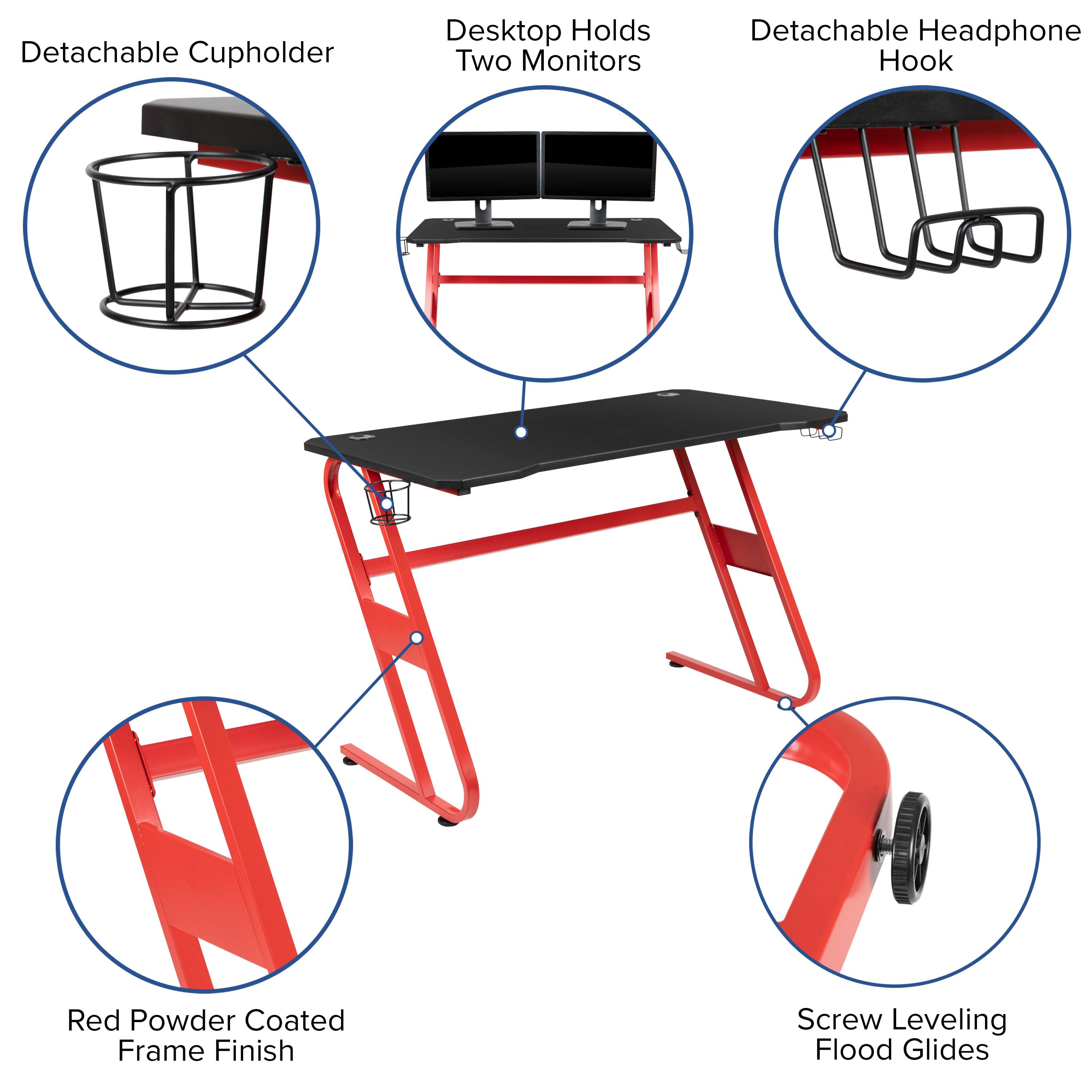 - Detachable Cupholder
- Desktop Holds Two Monitors
- Detachable Headphone Hook
- Red Powder Coated Frame Finish
- Screw Leveling Flood Glides