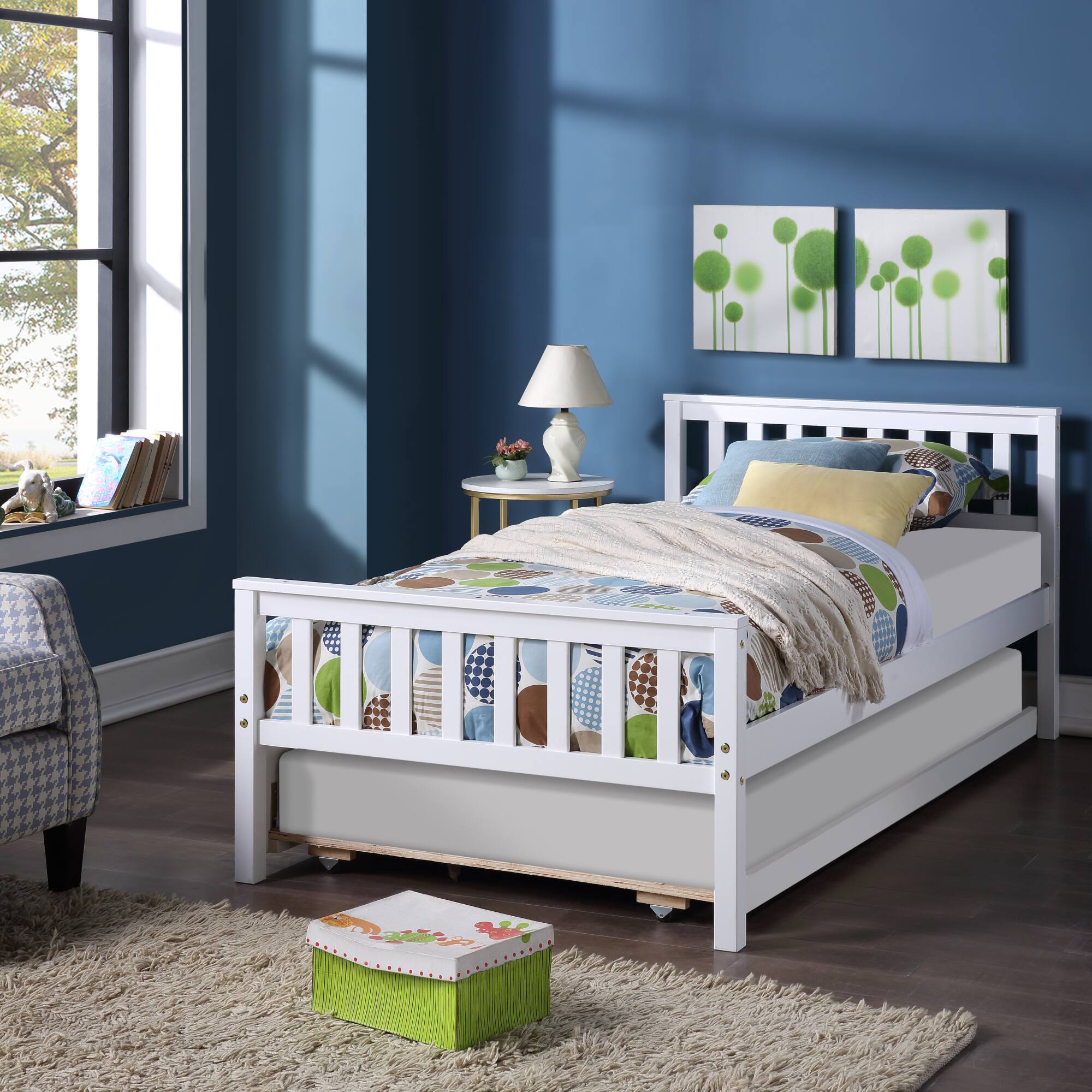 Alt View 6. GOODSILO - Space-Saving Twin Platform Bed Frame with Pull-Out Trundle and Headboard for Compact Living Areas - White.