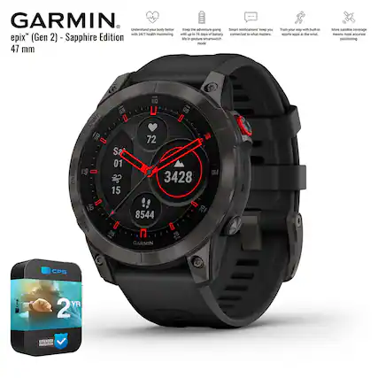 GARMIN
epix™ (Gen 2) - Sapphire Edition
47 mm
Understand your body better with 24/7 health monitoring.
Keep the adventure going with up to 16 days of battery life.
Smart notifications keep you connected to what matters.
Train your way with built-in sports apps at the wrist.
More satellite coverage means more accurate positioning.
GARMIN
CPS
2 YR
EXTENDED PROTECTION
