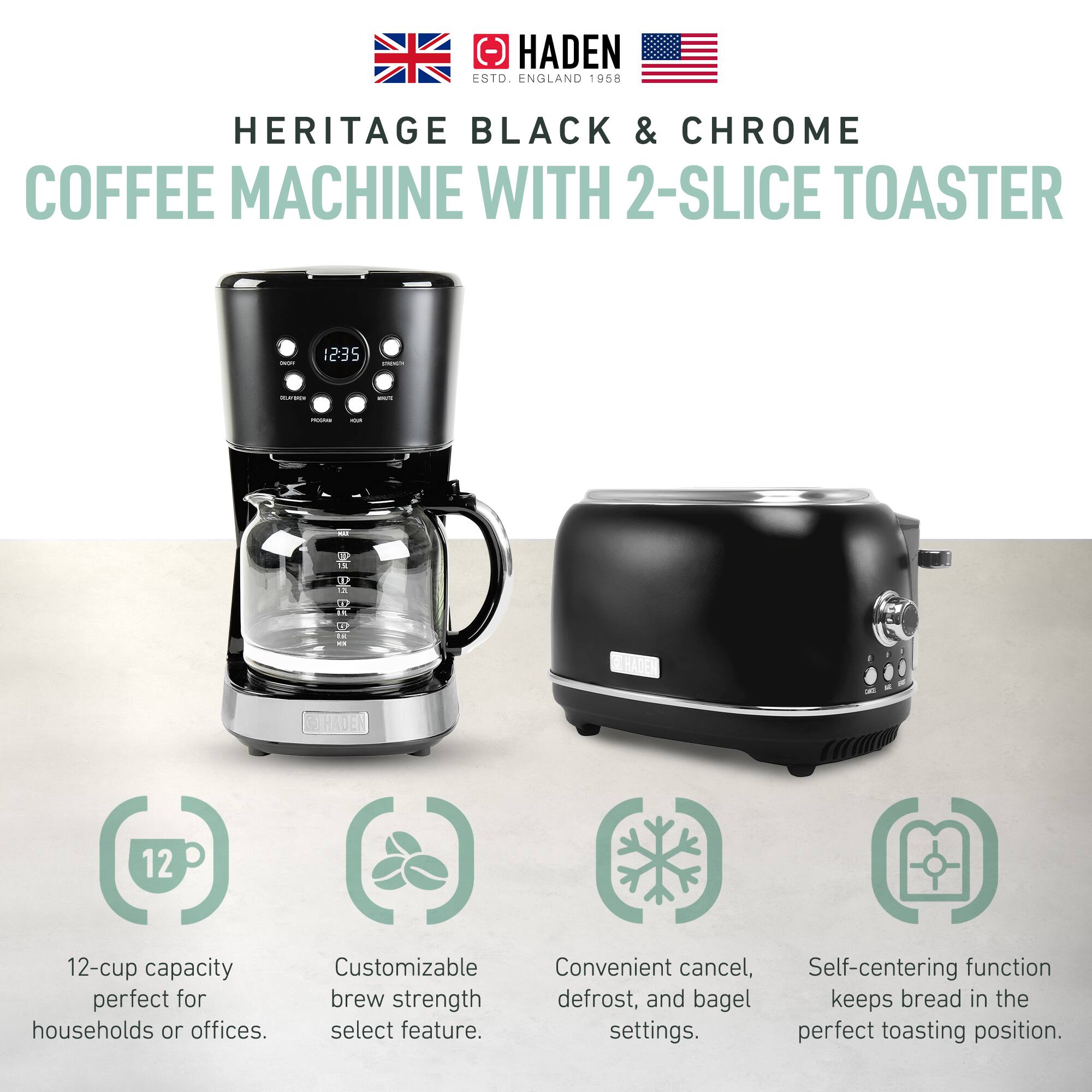 Haden - 12 Cup Coffee Maker & Heritage 2 Slice Wide Slot Toaster, Black & Chrome - Black/Chrome - Thumbnail 4